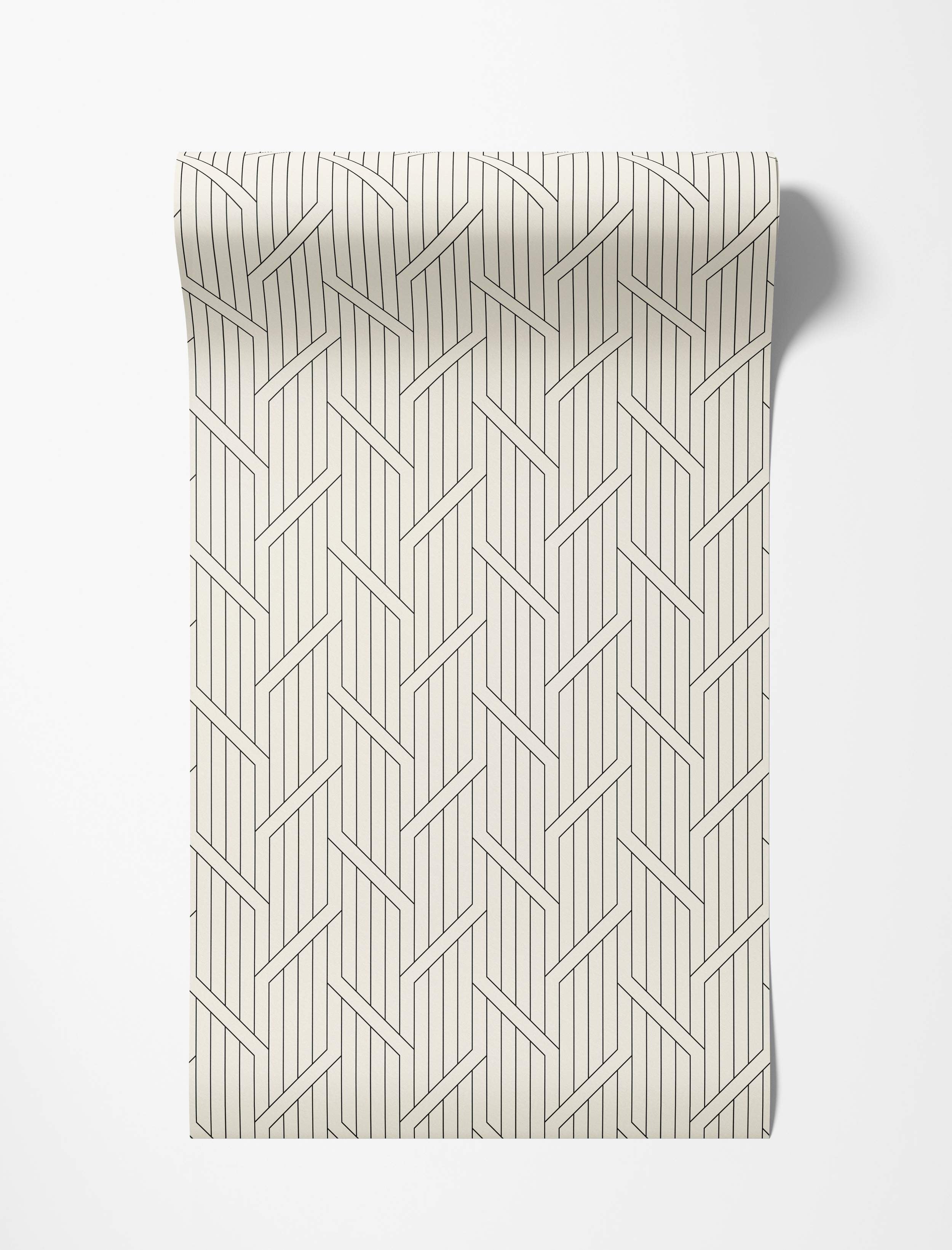 Geometric wallpaper featuring thin black lines creating an interlocking, stepped pattern on an off-white background.
