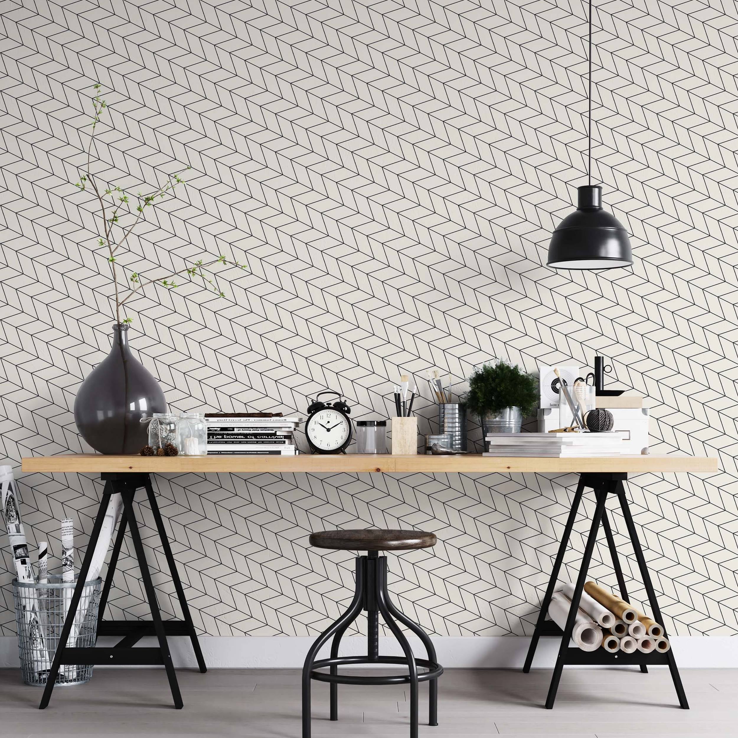Geometric wallpaper with thin black lines forming a repeating rhombus pattern on an off-white background.