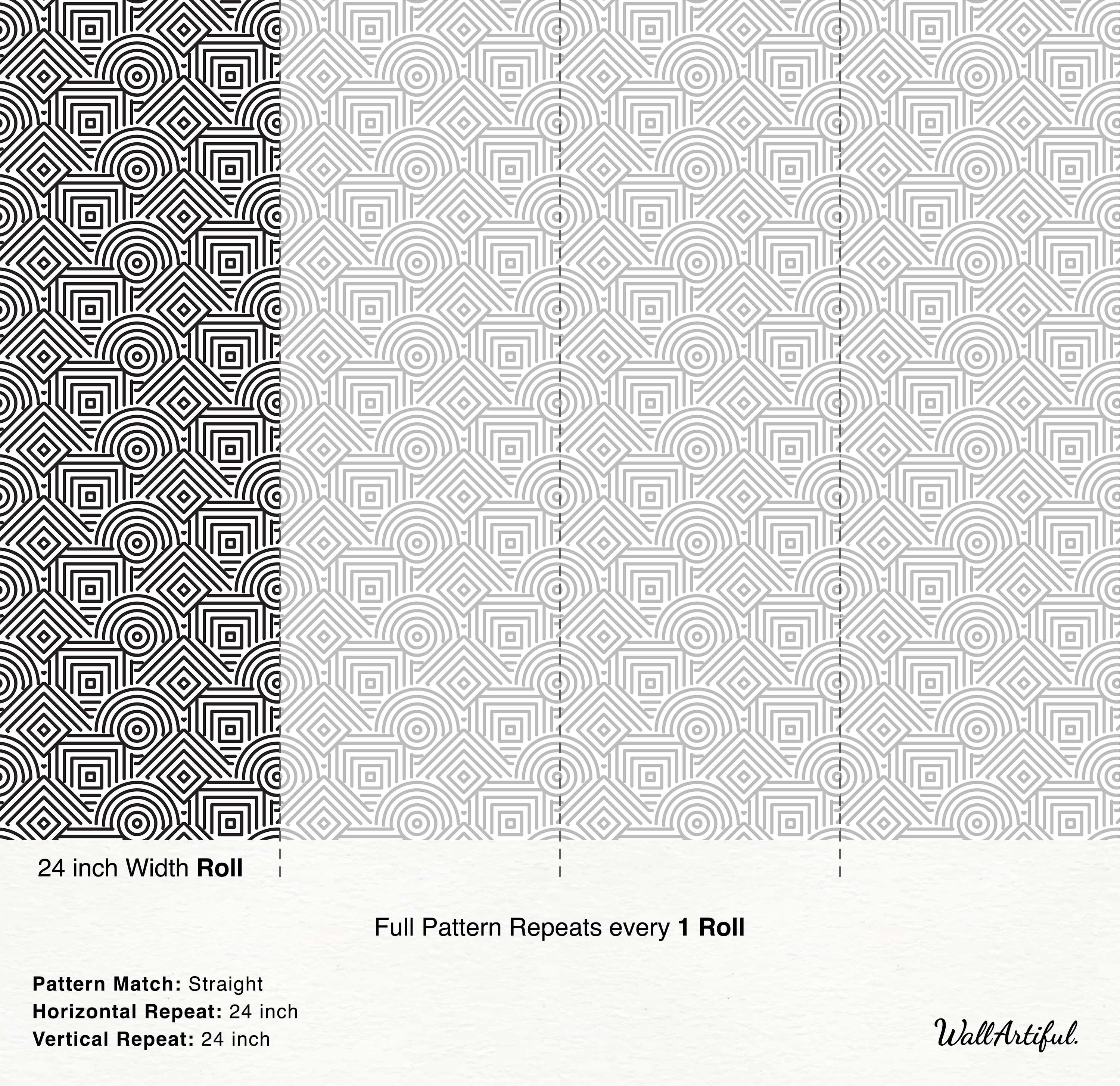 Geometric wallpaper featuring interlocking black lines forming nested squares, diamonds, and semi-circles on a white background.