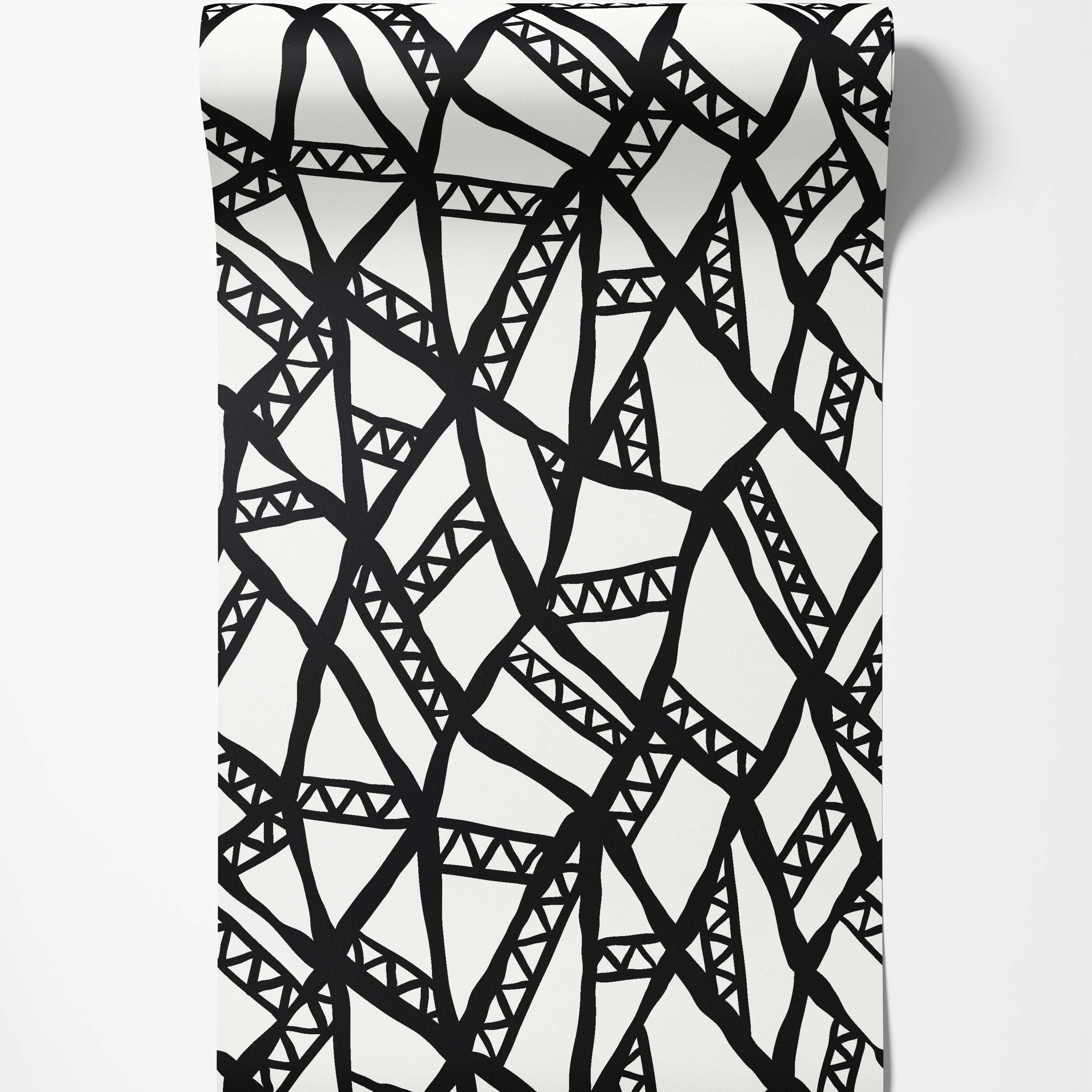 Abstract wallpaper featuring a network of bold, hand-drawn black lines with triangle motifs on a white field.
