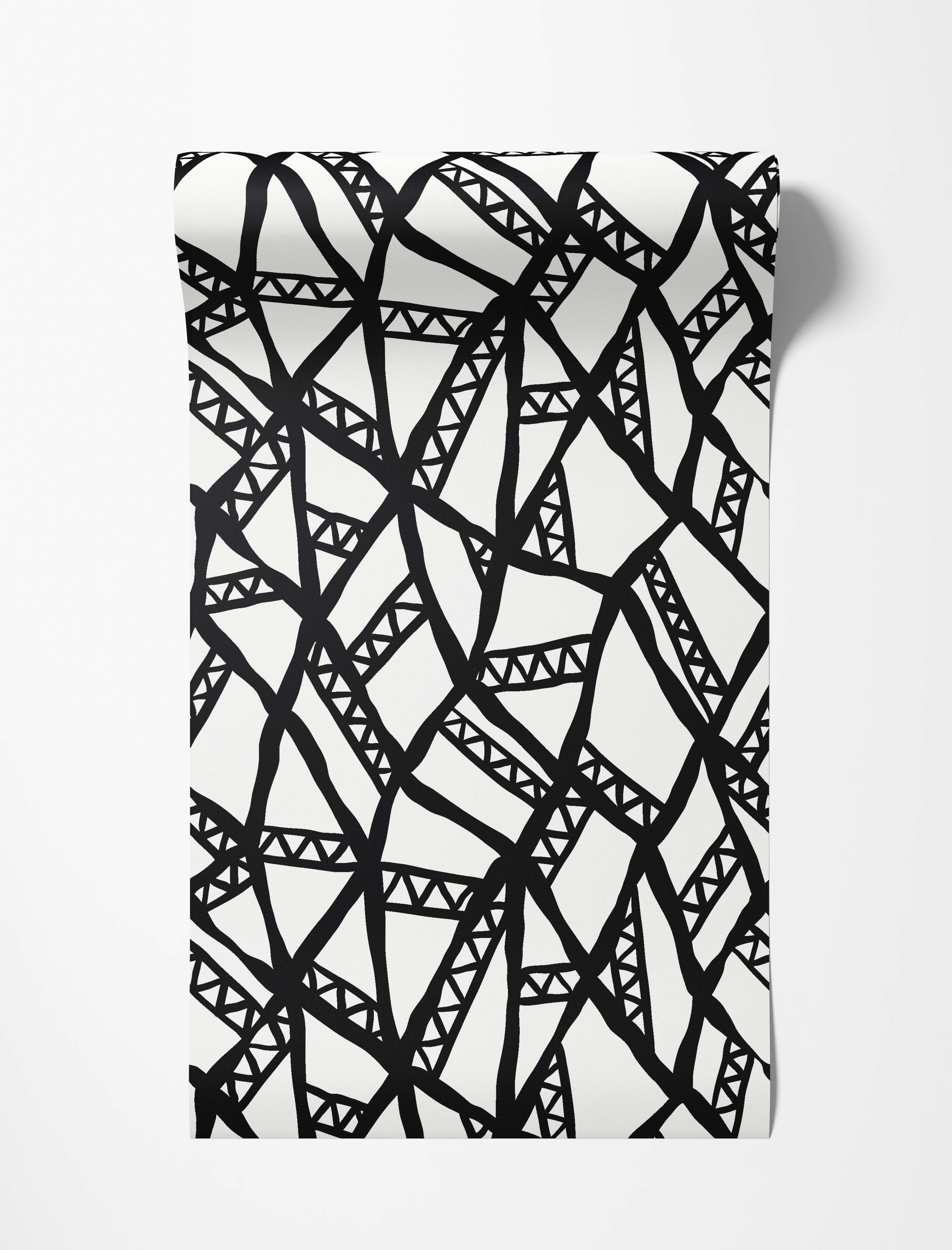 Abstract wallpaper featuring a network of bold, hand-drawn black lines with triangle motifs on a white field.