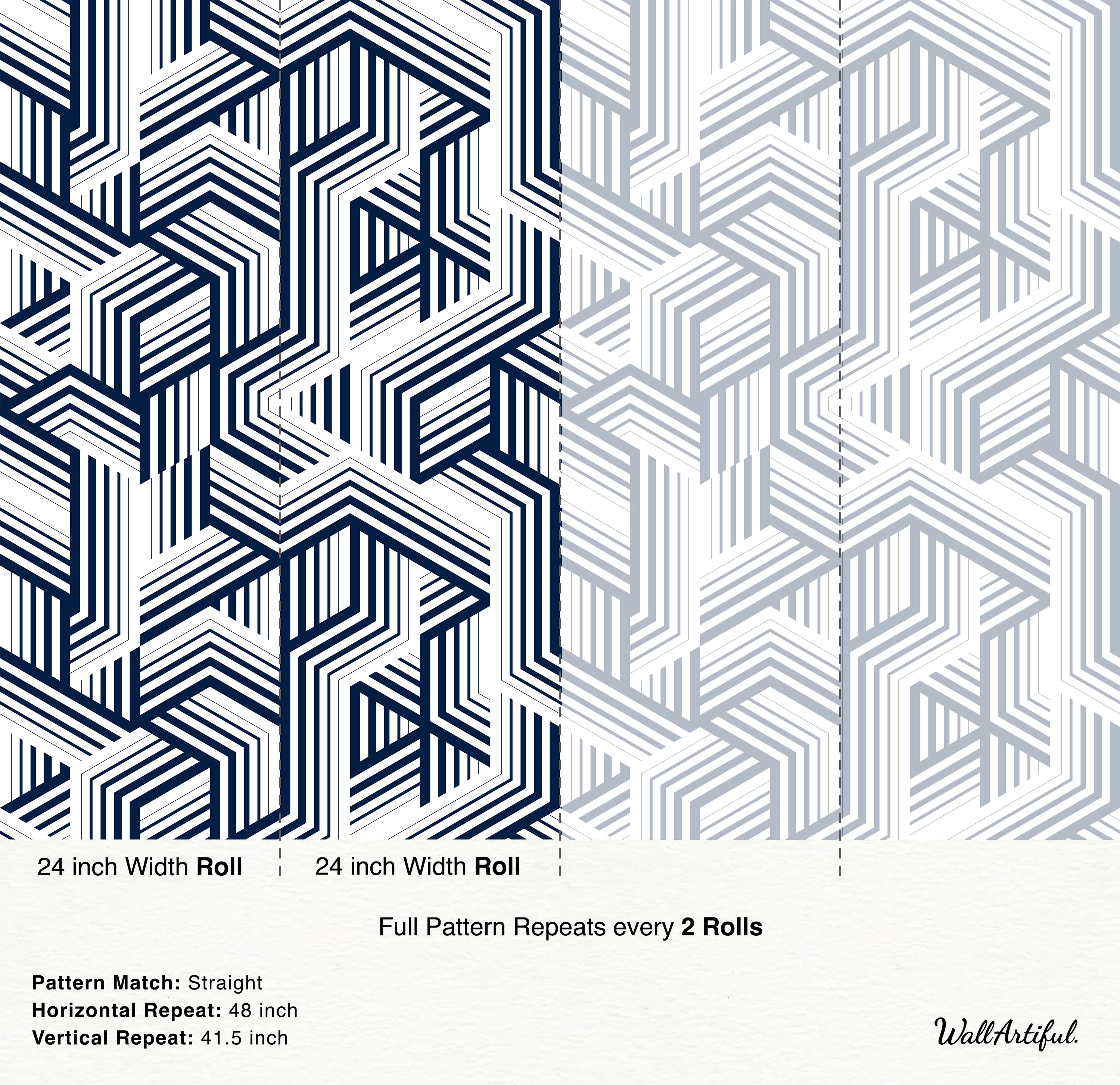 Geometric wallpaper featuring interlocking angular shapes formed by bold navy blue and light gray lines on white.