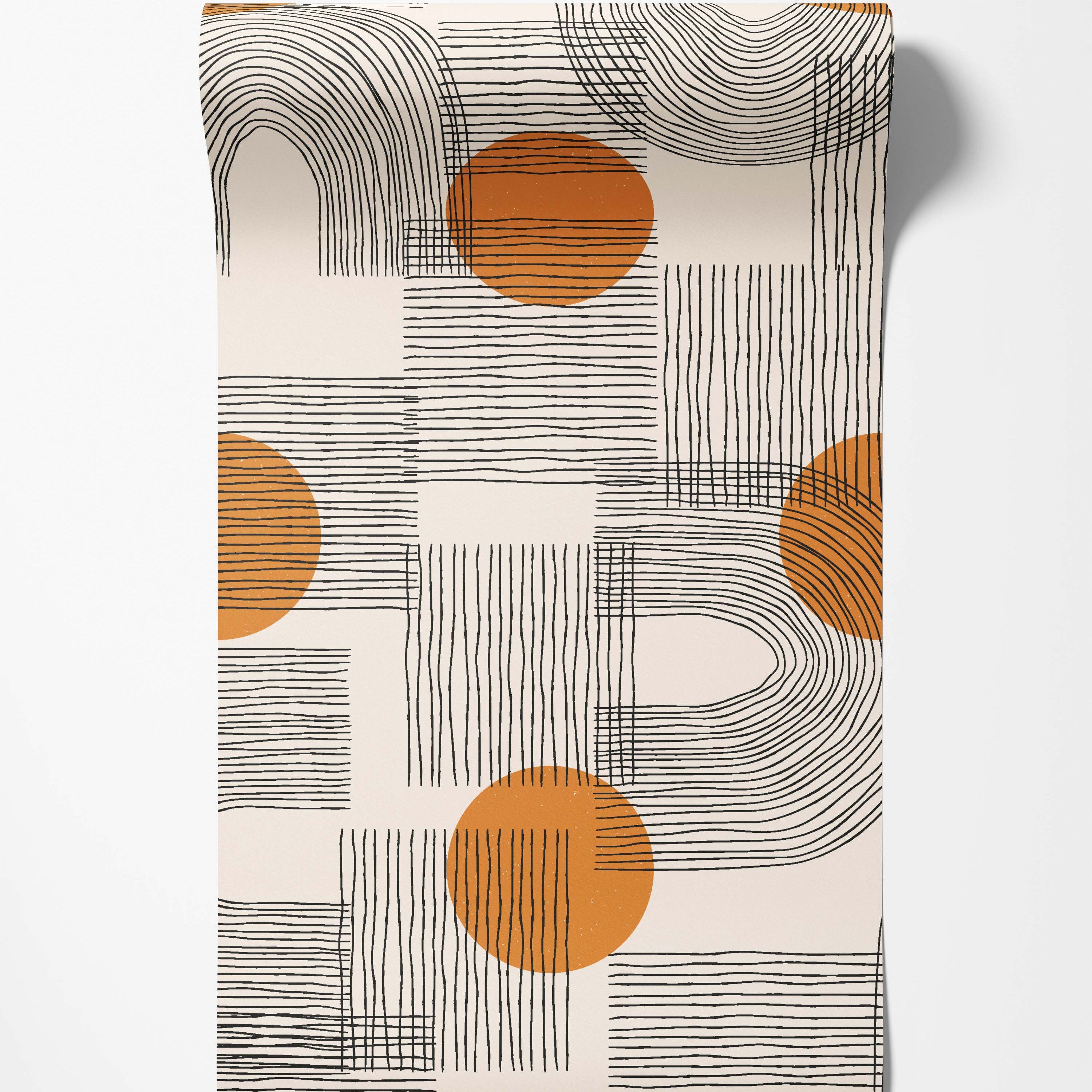 Geometric wallpaper with black hand-drawn lines in grids and arches, and solid orange circles, on a cream background.