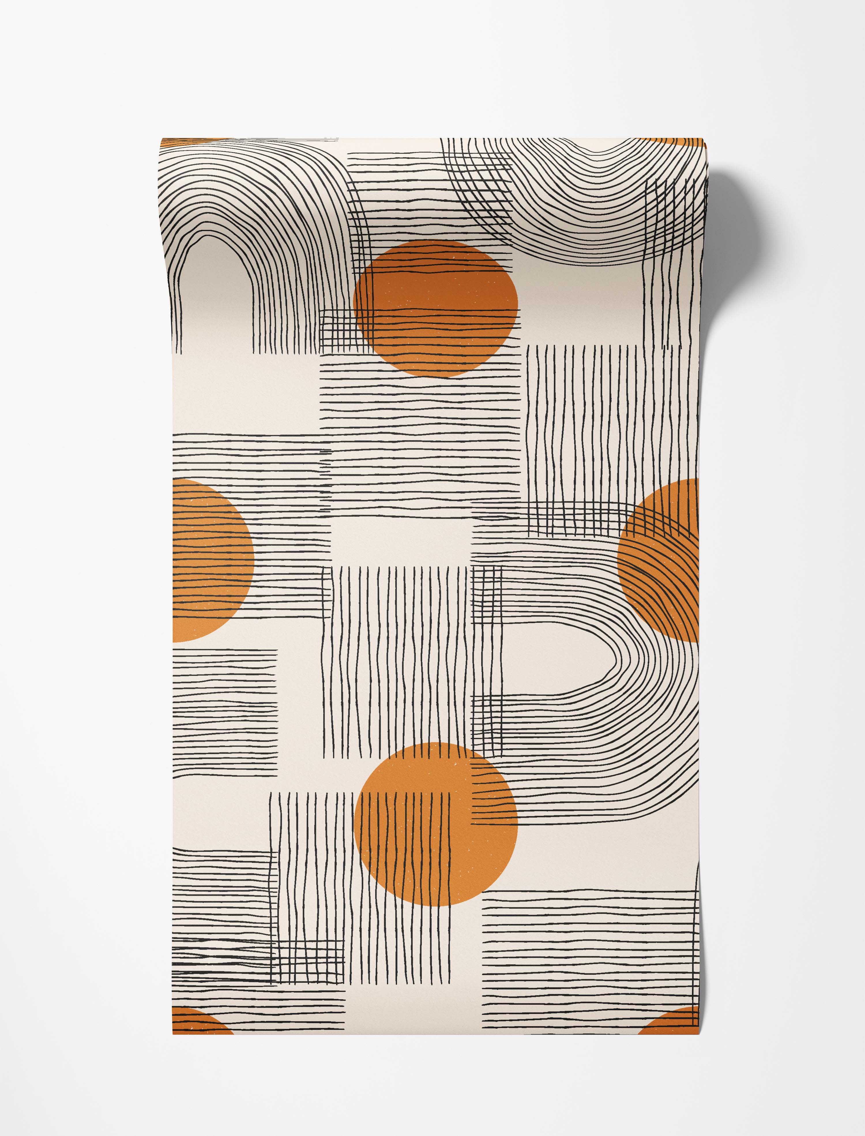 Geometric wallpaper with black hand-drawn lines in grids and arches, and solid orange circles, on a cream background.