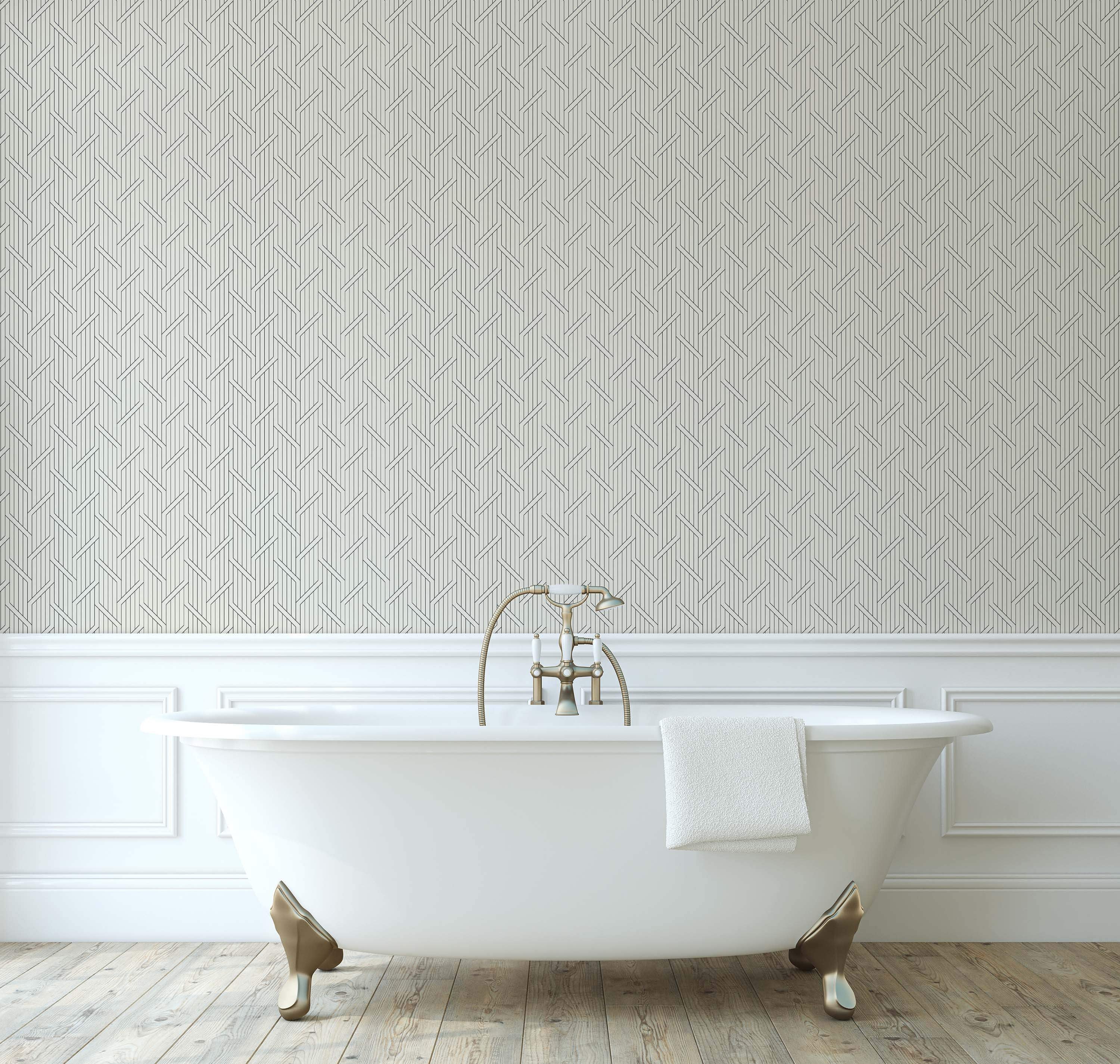 Modern geometric wallpaper with fine black lines forming interlocking vertical and diagonal patterns on a pale gray field.