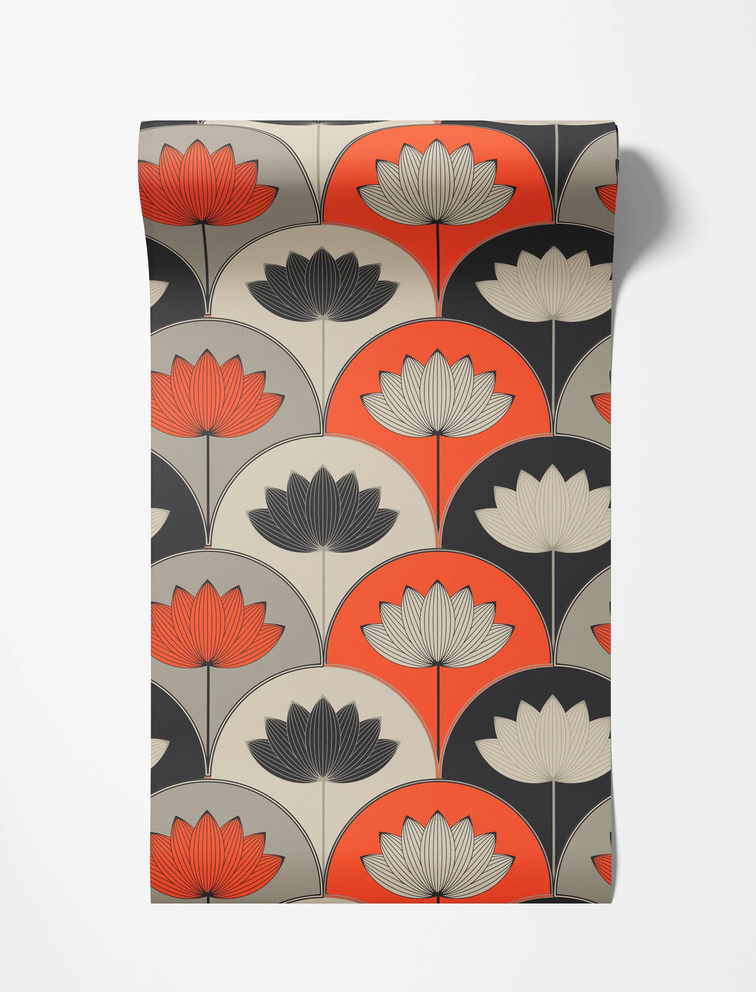 Art Deco wallpaper with a geometric fan pattern of stylized lotus flowers in orange, black, grey, and off-white.