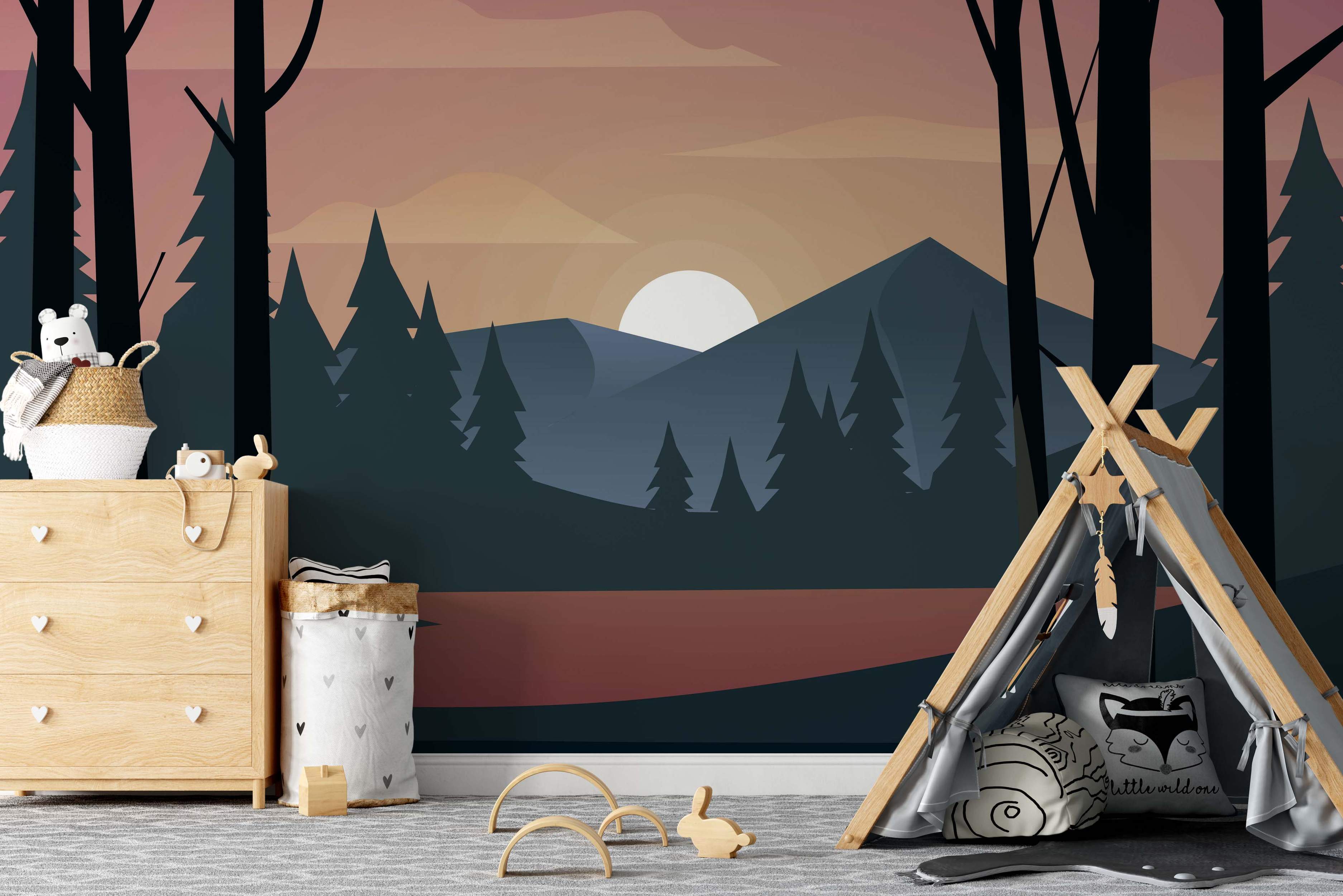 Stylized mural of a mountain forest sunset scene in geometric shapes, featuring blues, browns, pinks, and a white sun.