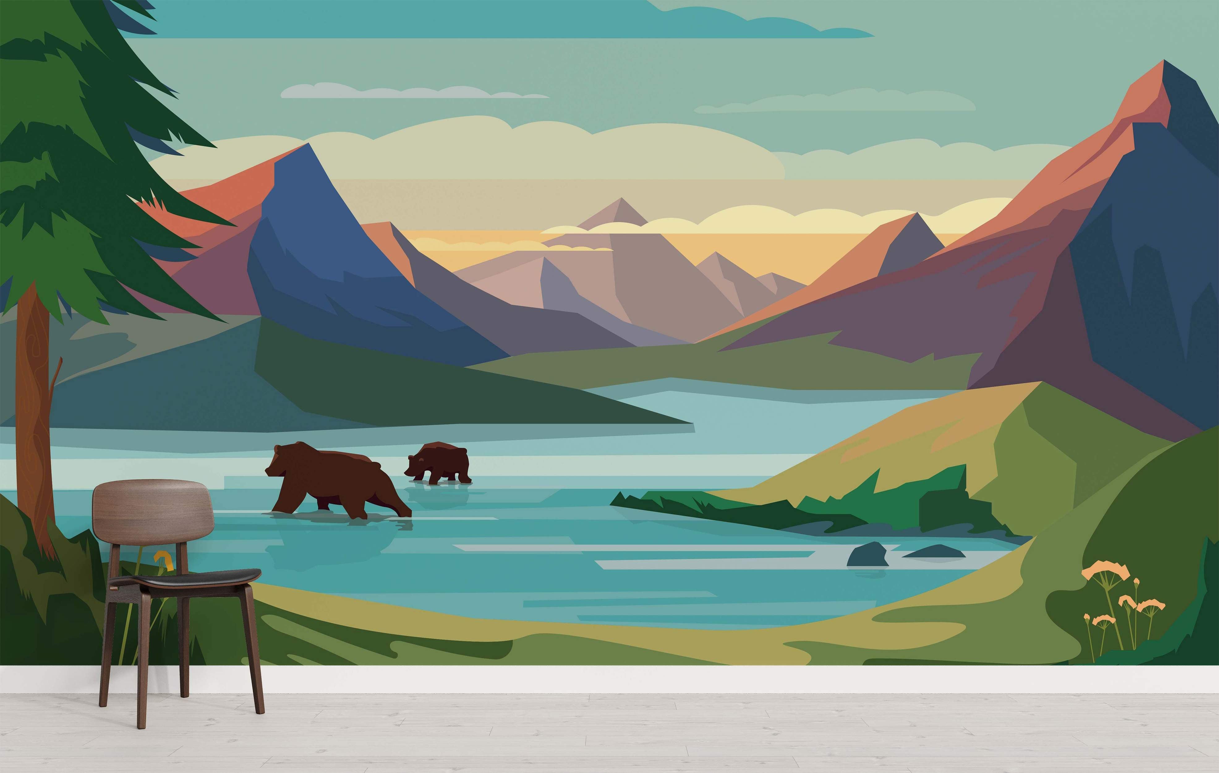 Geometric mountain landscape mural featuring a lake, trees, and two bears wading, depicted in blues, greens, browns, and sunset hues.