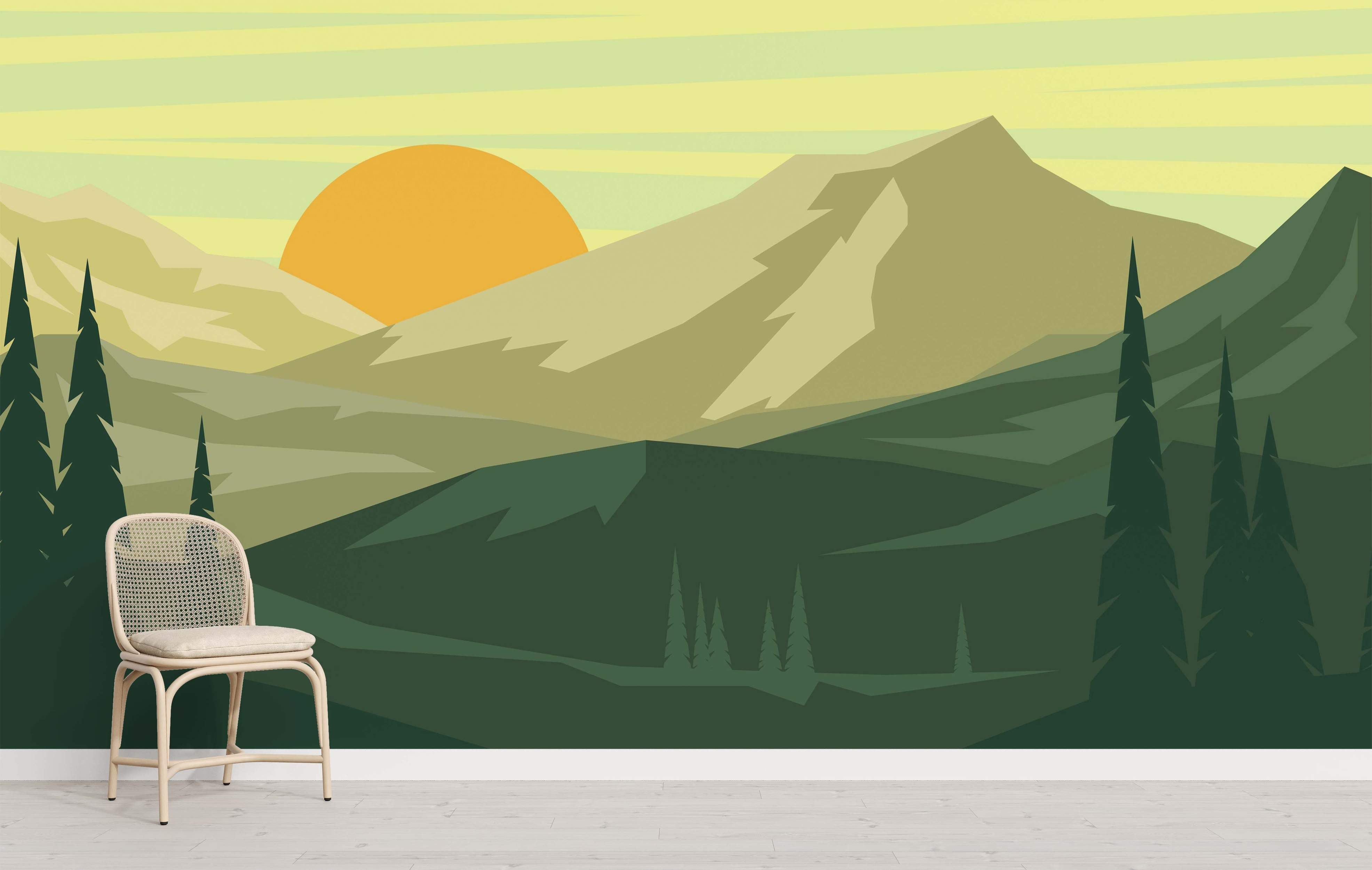 Geometric mountain landscape mural with a setting sun, layered hills in green and beige, and pine trees.
