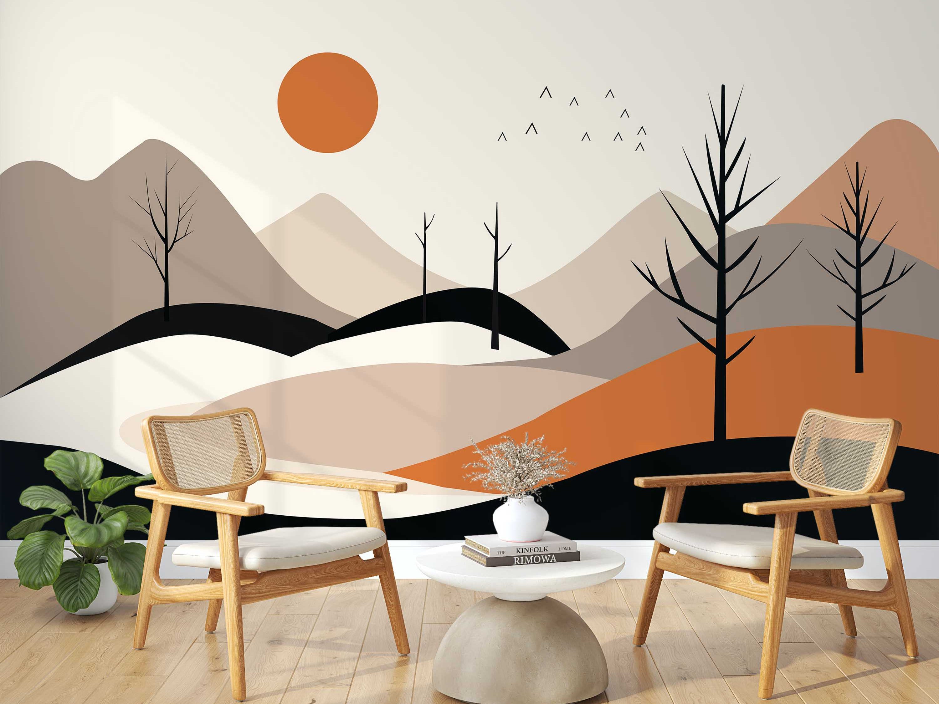 Stylized landscape mural featuring geometric mountains, bare trees, and an orange sun in gray, beige, black, and orange hues.