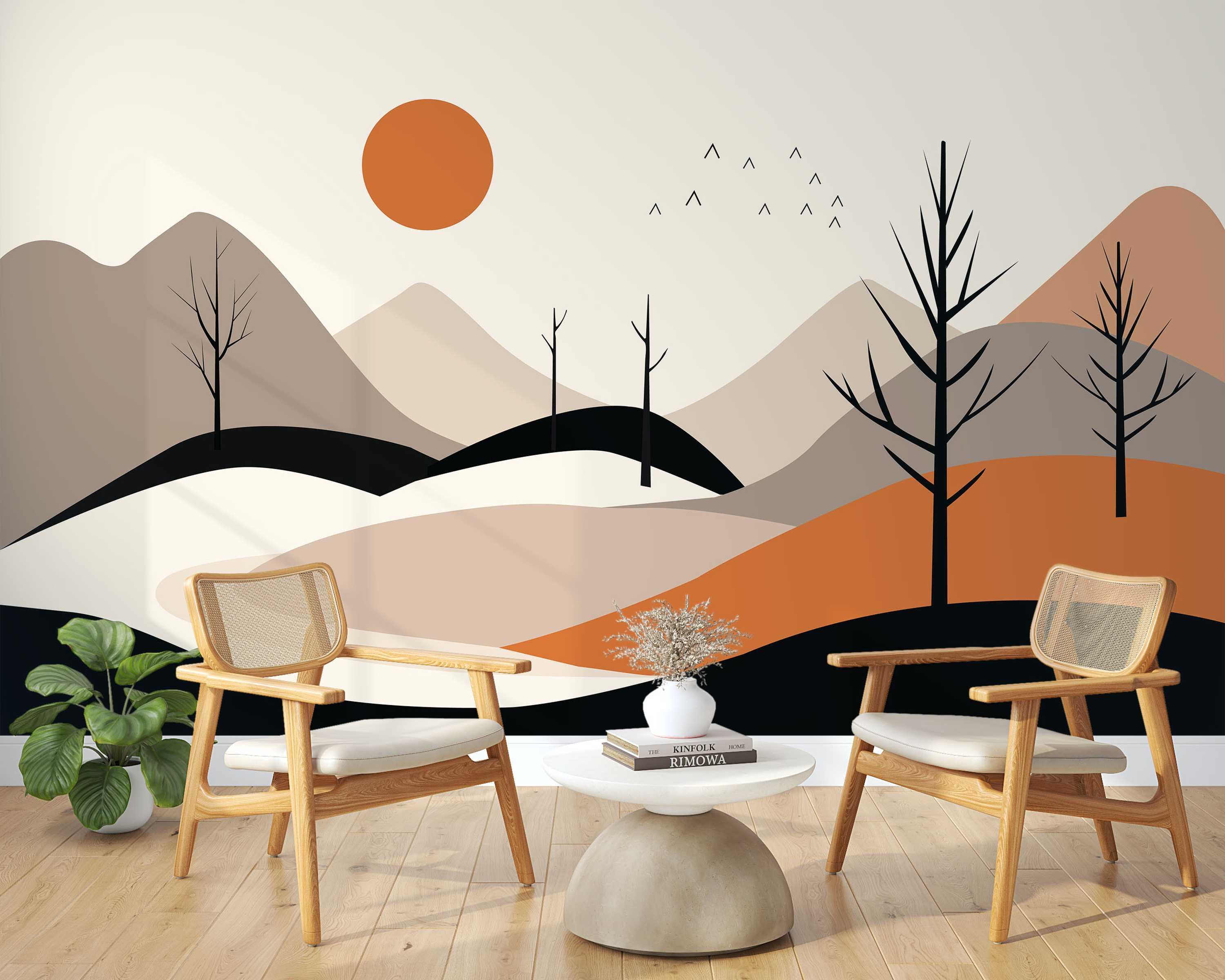 Stylized landscape mural featuring geometric mountains, bare trees, and an orange sun in gray, beige, black, and orange hues.