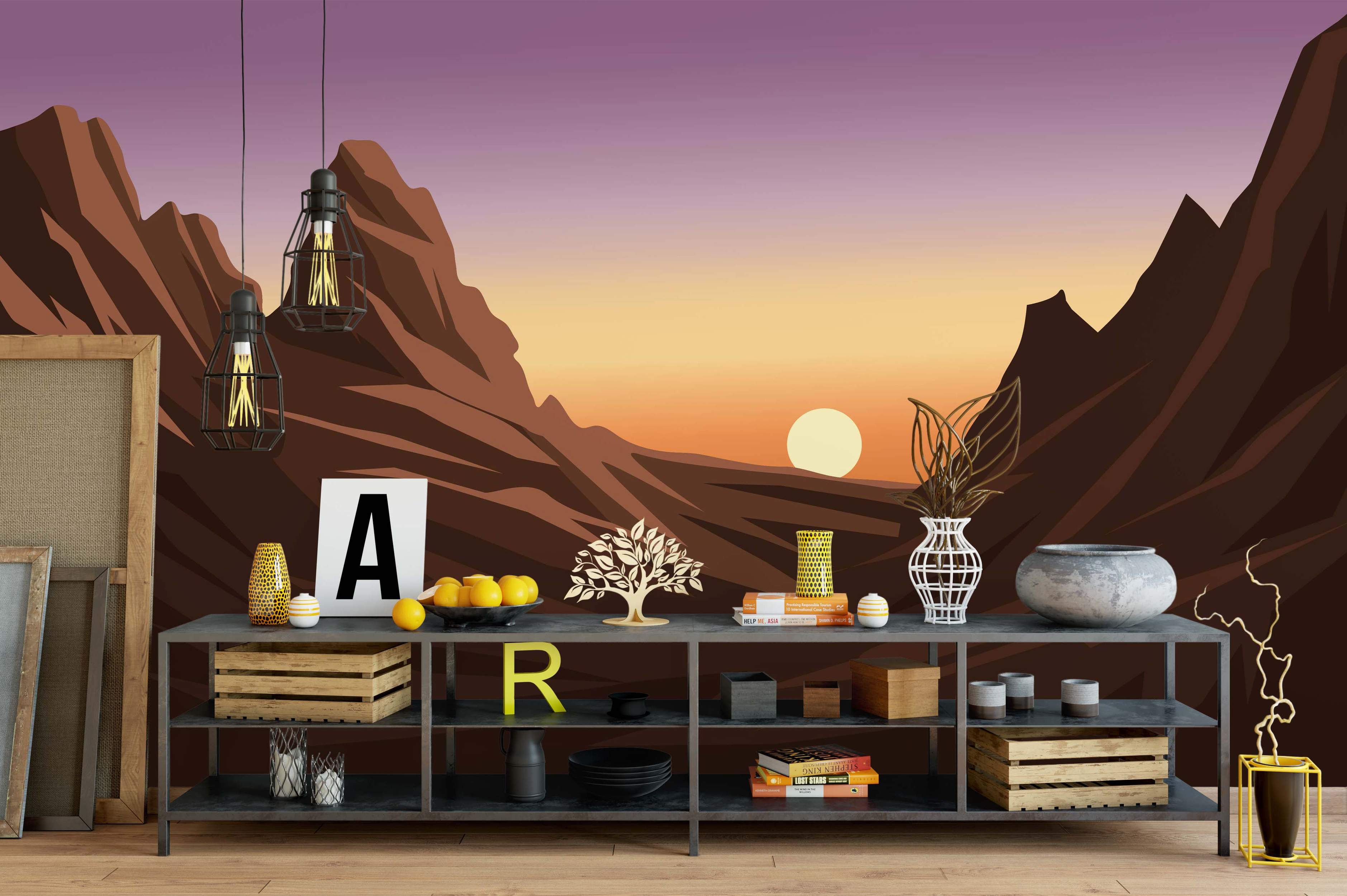Geometric mural depicting brown mountain ranges against a purple, orange, and yellow gradient sunset sky with a rising sun.