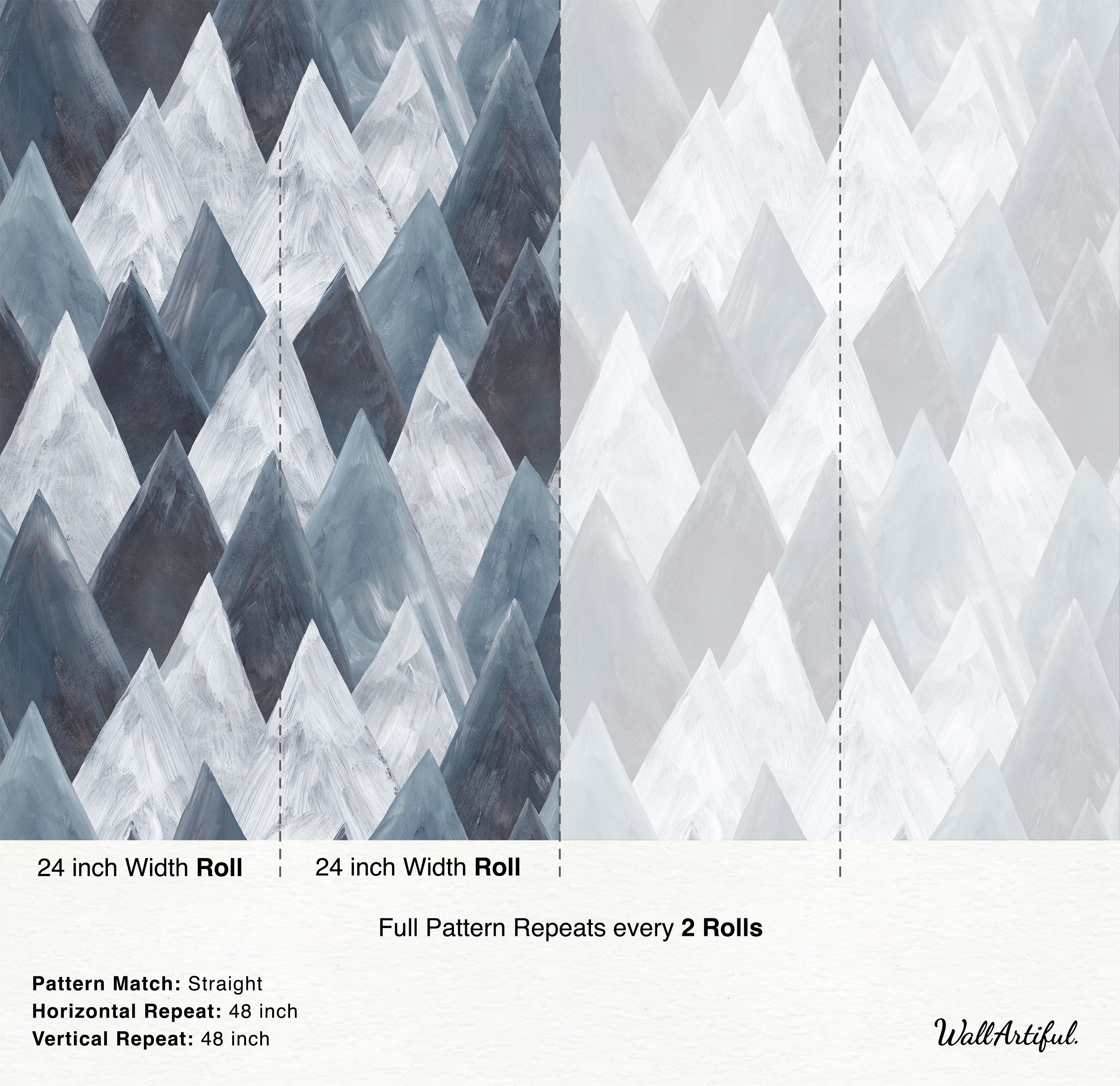 Painterly wallpaper with overlapping geometric mountain peaks in shades of gray, blue-gray, and white.