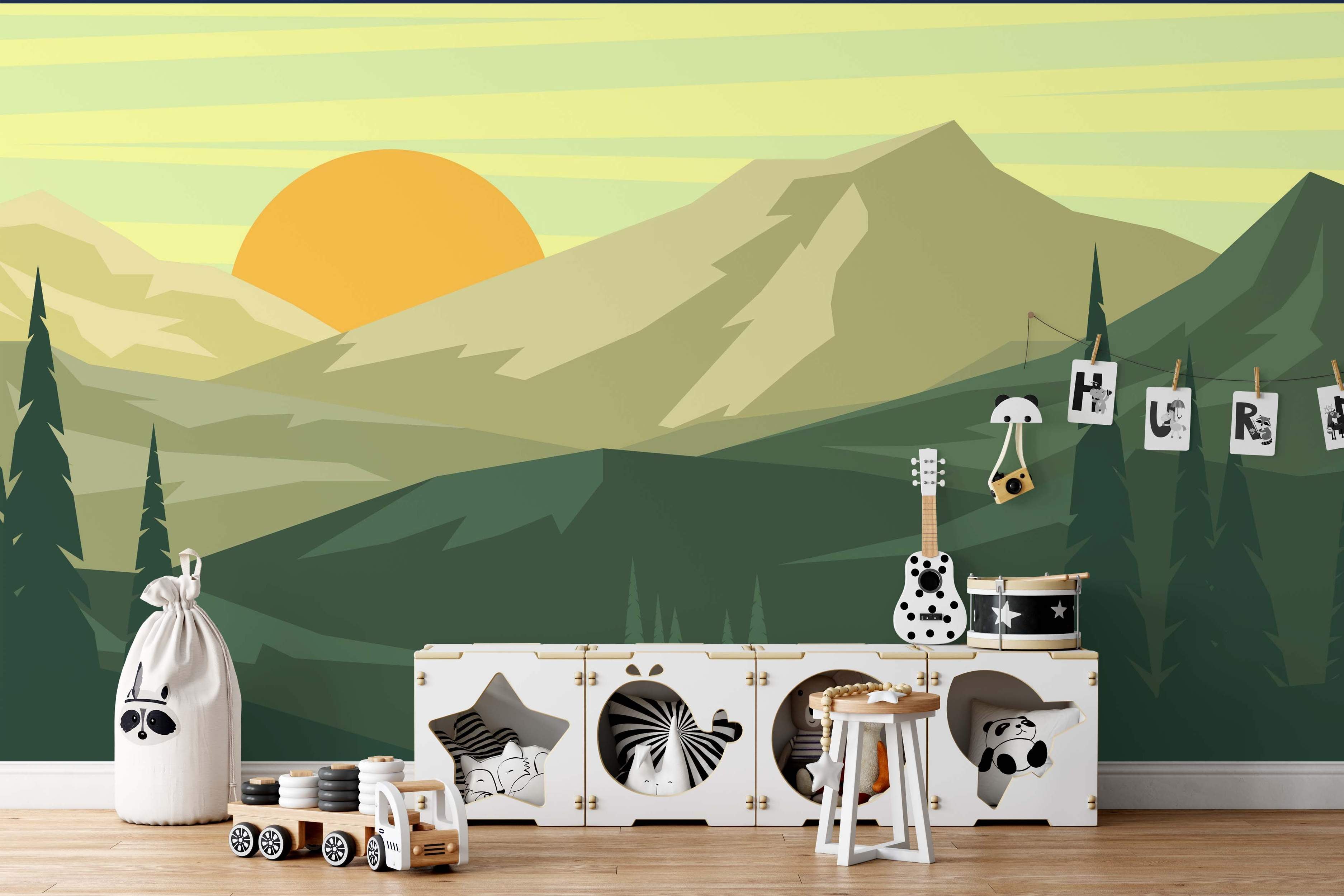 Geometric mountain landscape mural in green hues with a large yellow sun and stylized pine trees under a pale striped sky.