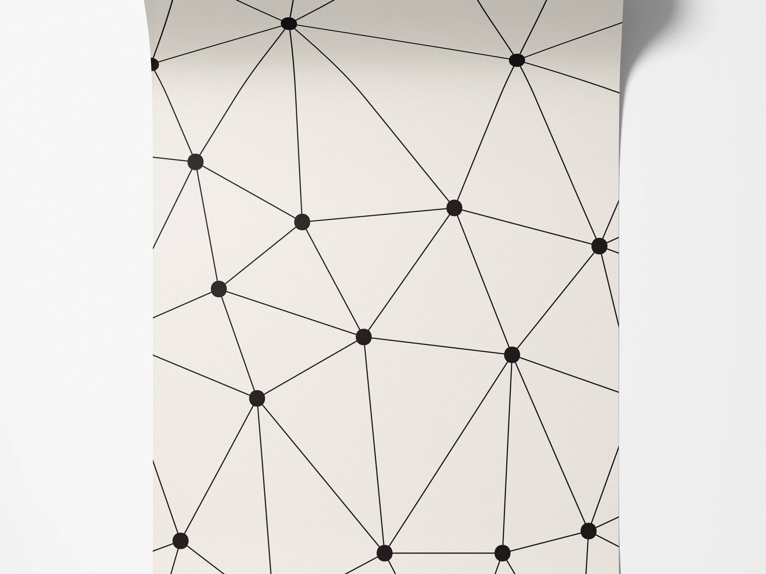 Wallpaper featuring a geometric network pattern of black lines and dots forming triangles on an off-white background.