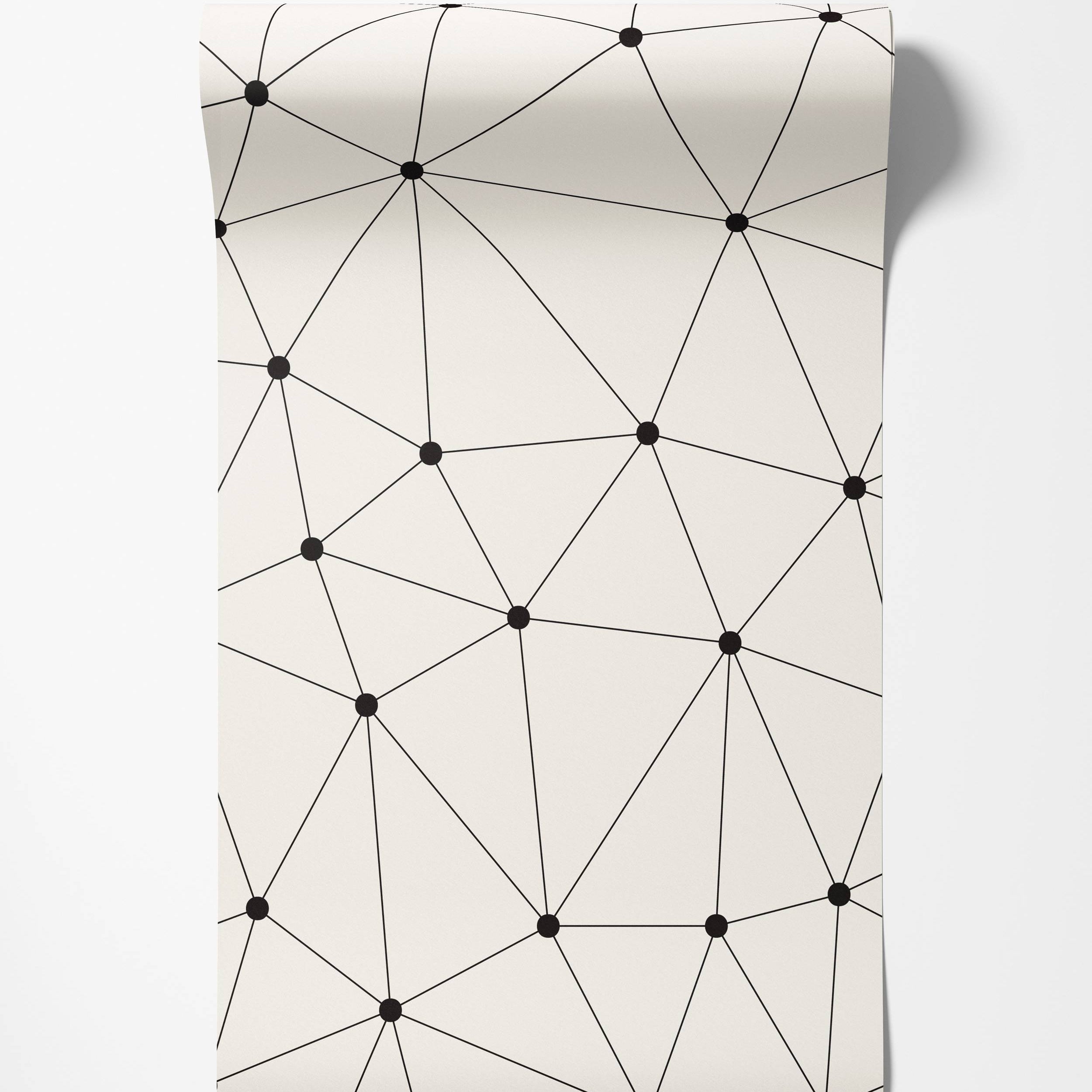 Wallpaper featuring a geometric network pattern of black lines and dots forming triangles on an off-white background.