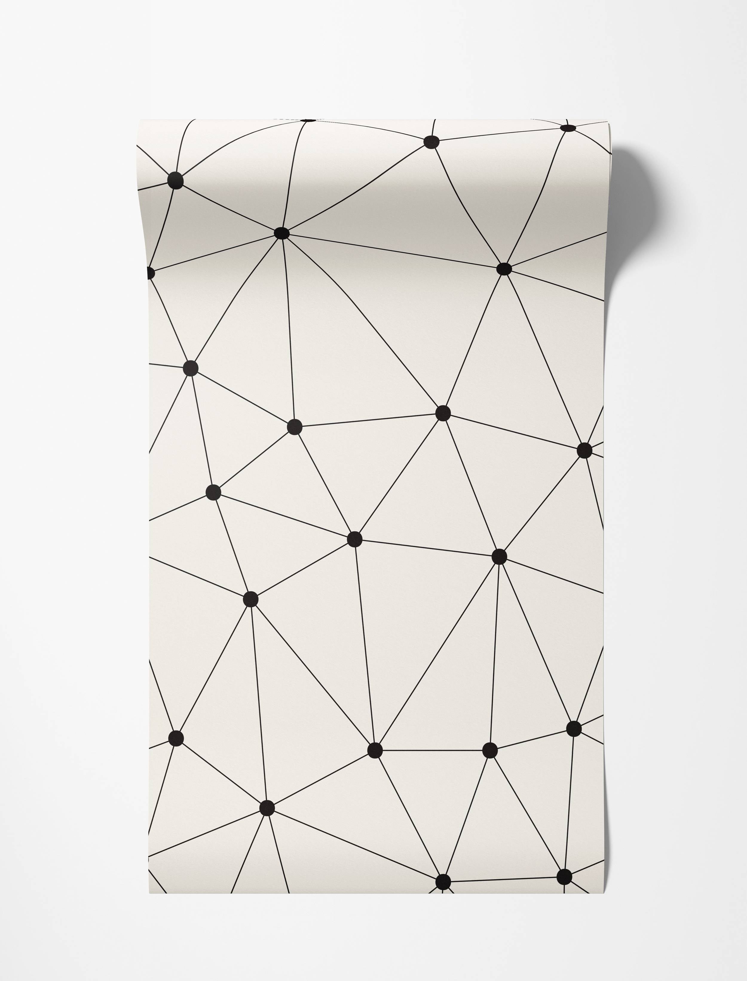 Wallpaper featuring a geometric network pattern of black lines and dots forming triangles on an off-white background.