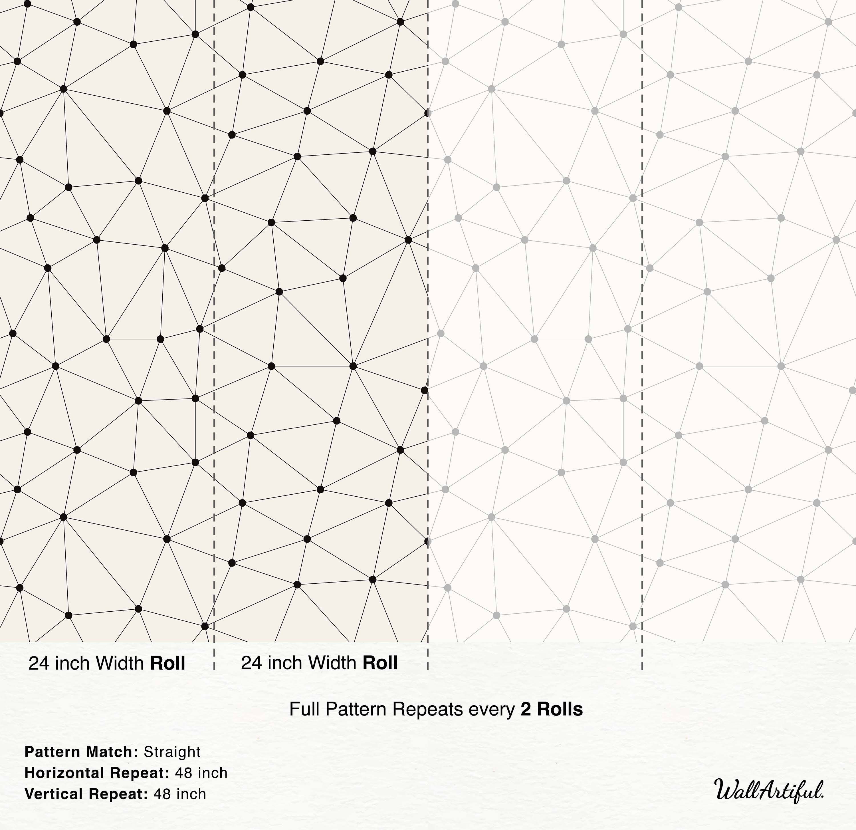 Geometric wallpaper with a connected dot network pattern in black lines on a cream background, shown repeating in gray.