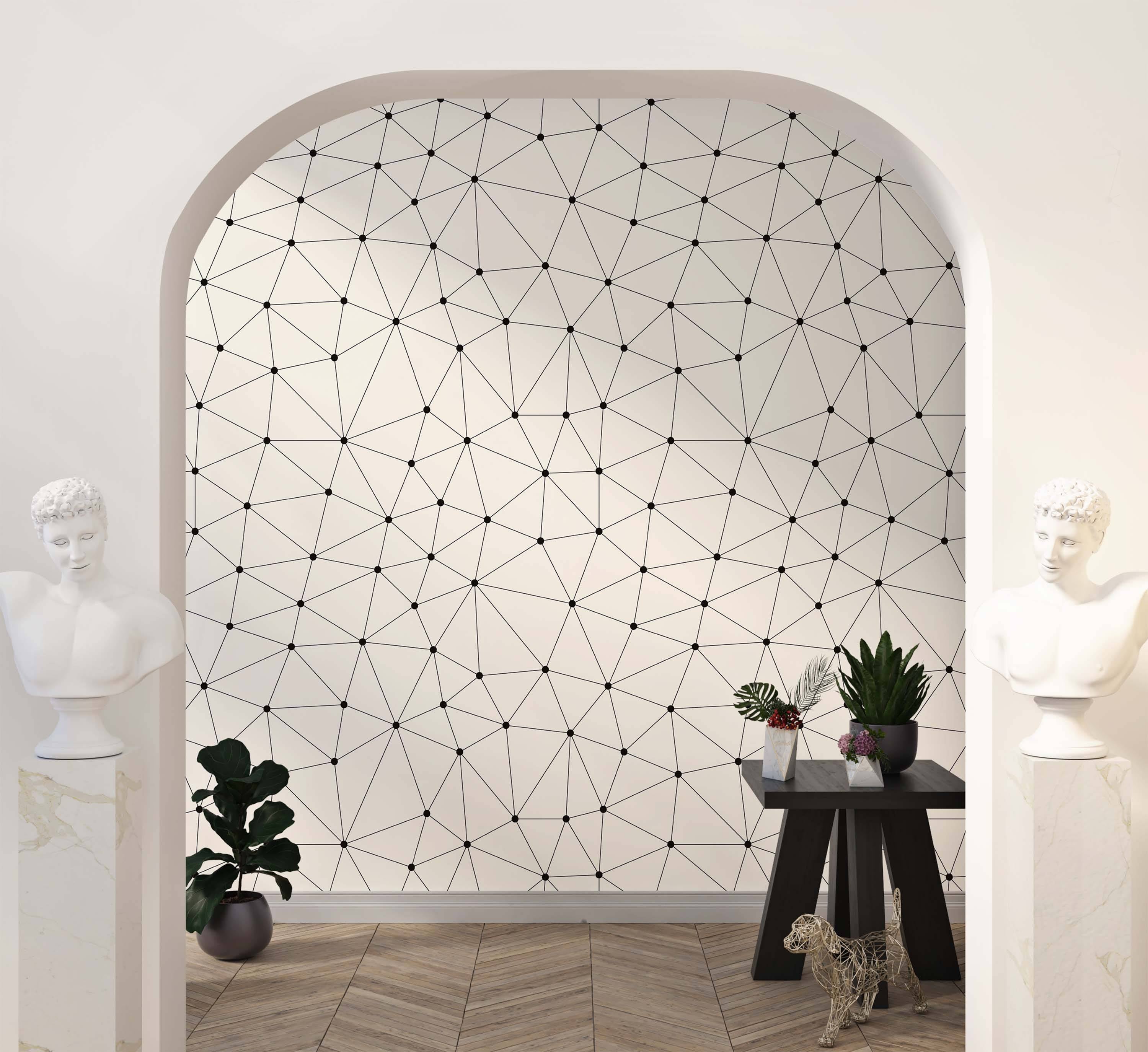 Geometric wallpaper featuring a network of thin black lines connecting black dots, forming triangles on an off-white background.