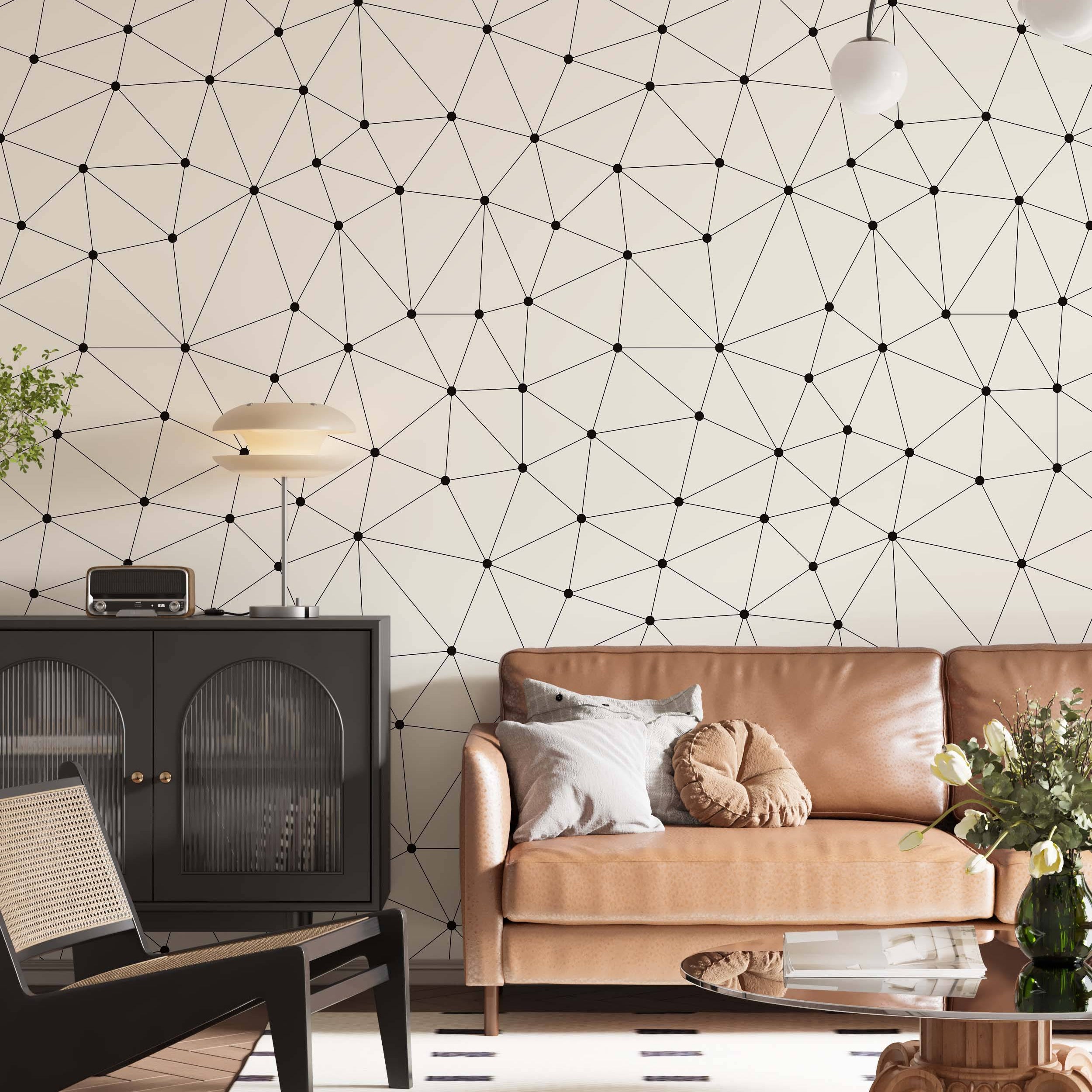 Geometric network wallpaper featuring black dots connected by fine black lines, forming triangles on a light cream background.