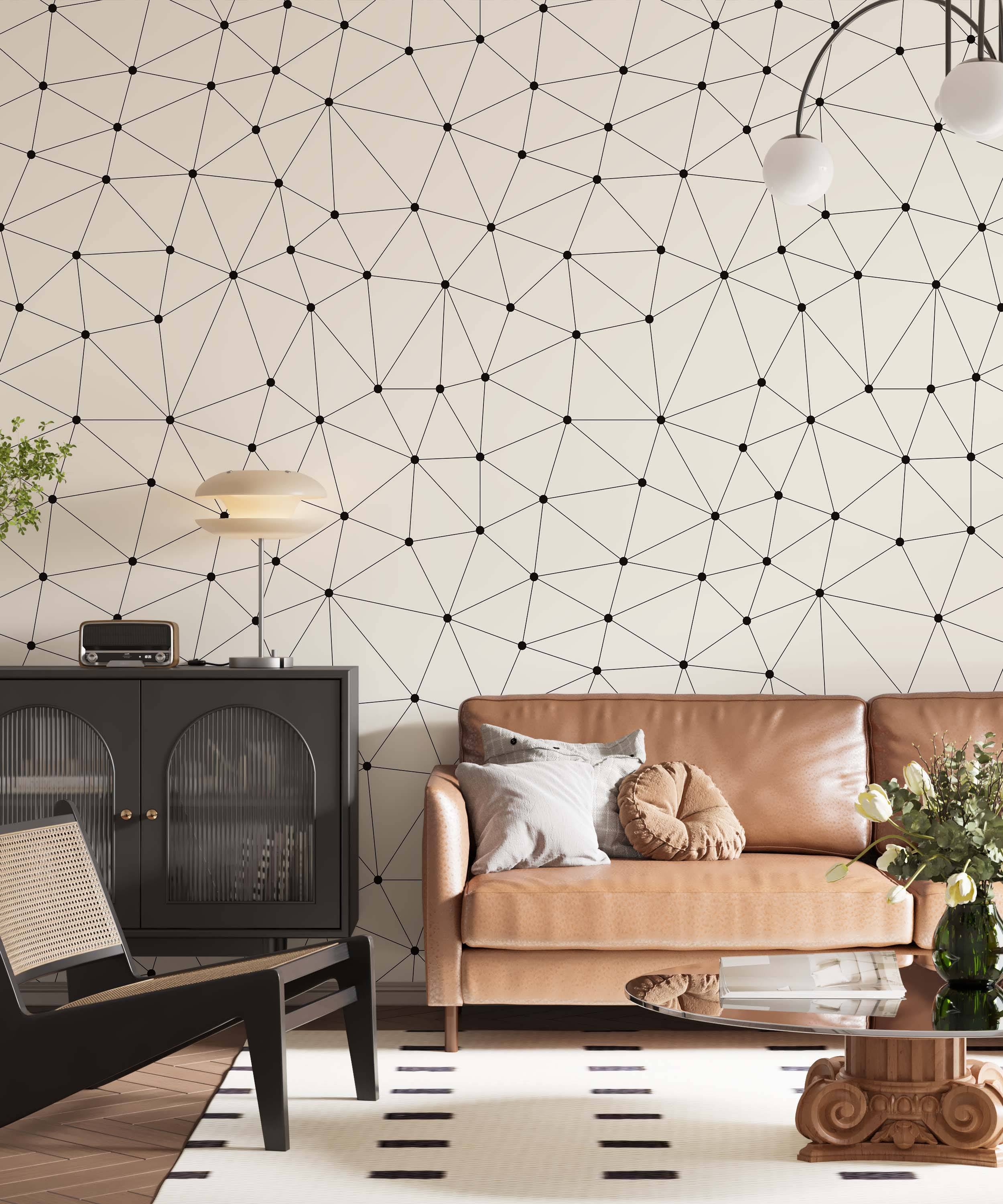 Geometric network wallpaper featuring black dots connected by fine black lines, forming triangles on a light cream background.
