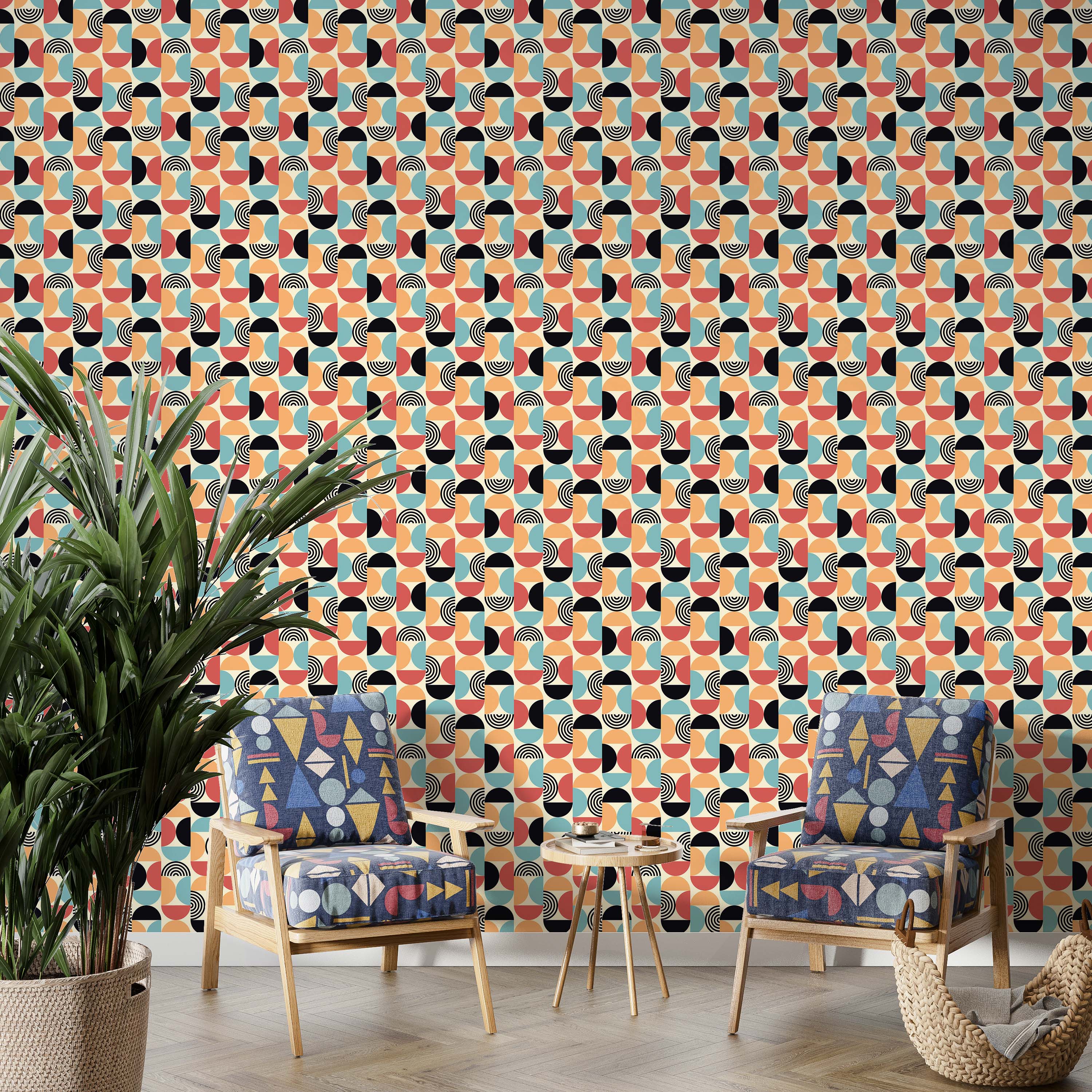 Retro geometric wallpaper with a pattern of ovals and semicircles in red, orange, light blue, black, and cream.