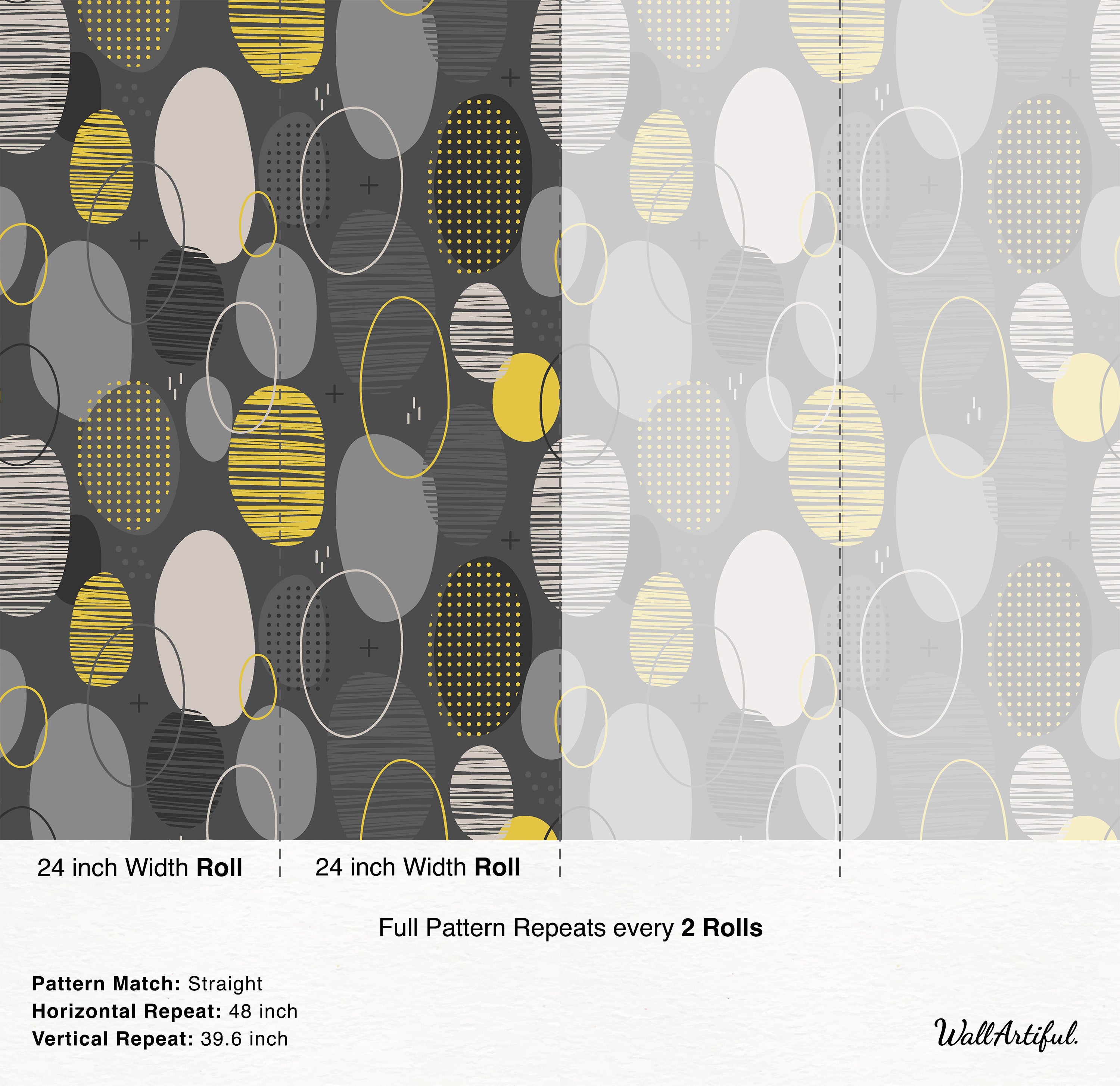 Abstract wallpaper with overlapping oval shapes in yellow, dark gray, light gray, and beige, featuring dot and line textures.