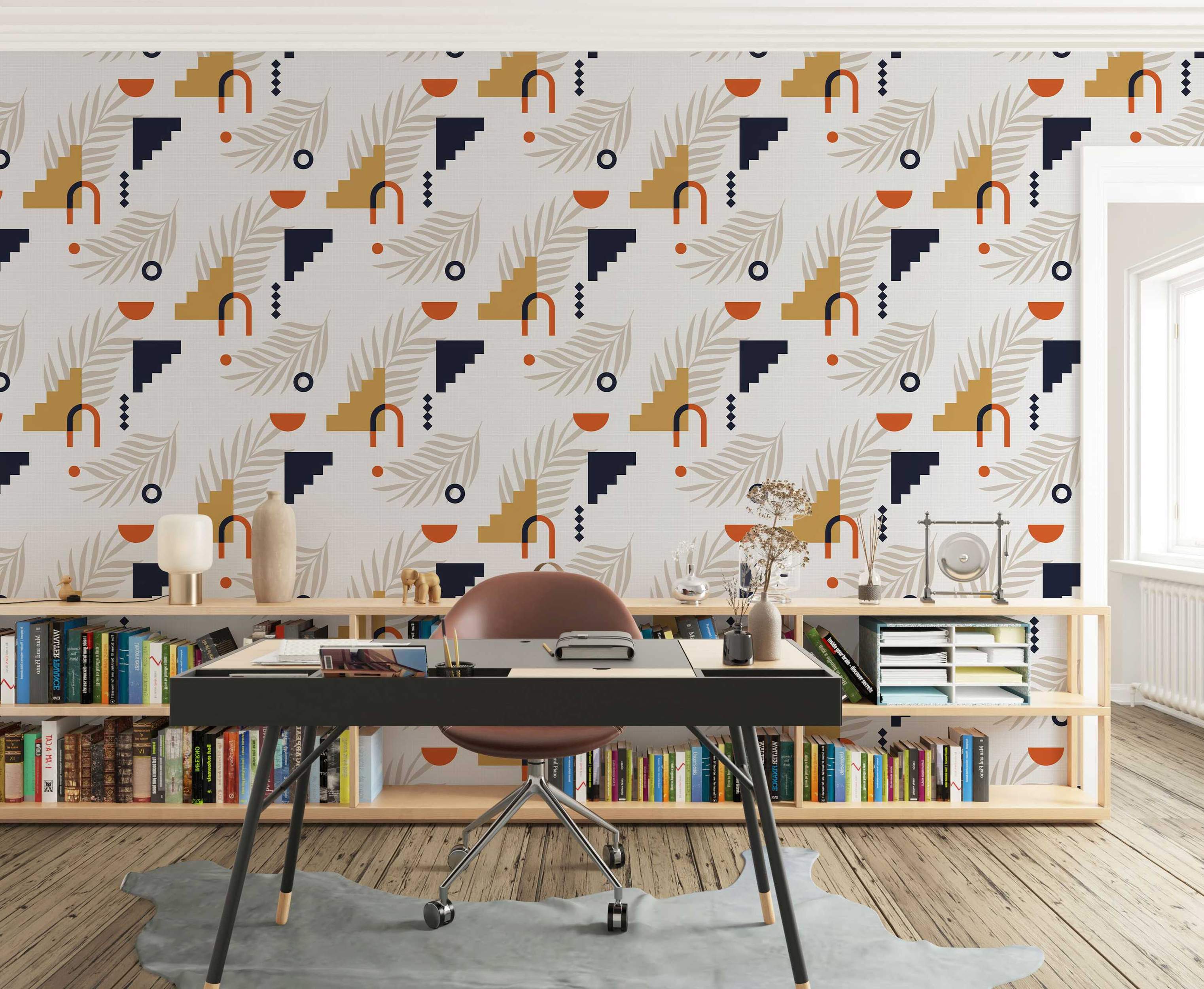 Geometric wallpaper with orange, navy, and beige stairs, arches, and circles mixed with beige palm leaves on a light background.
