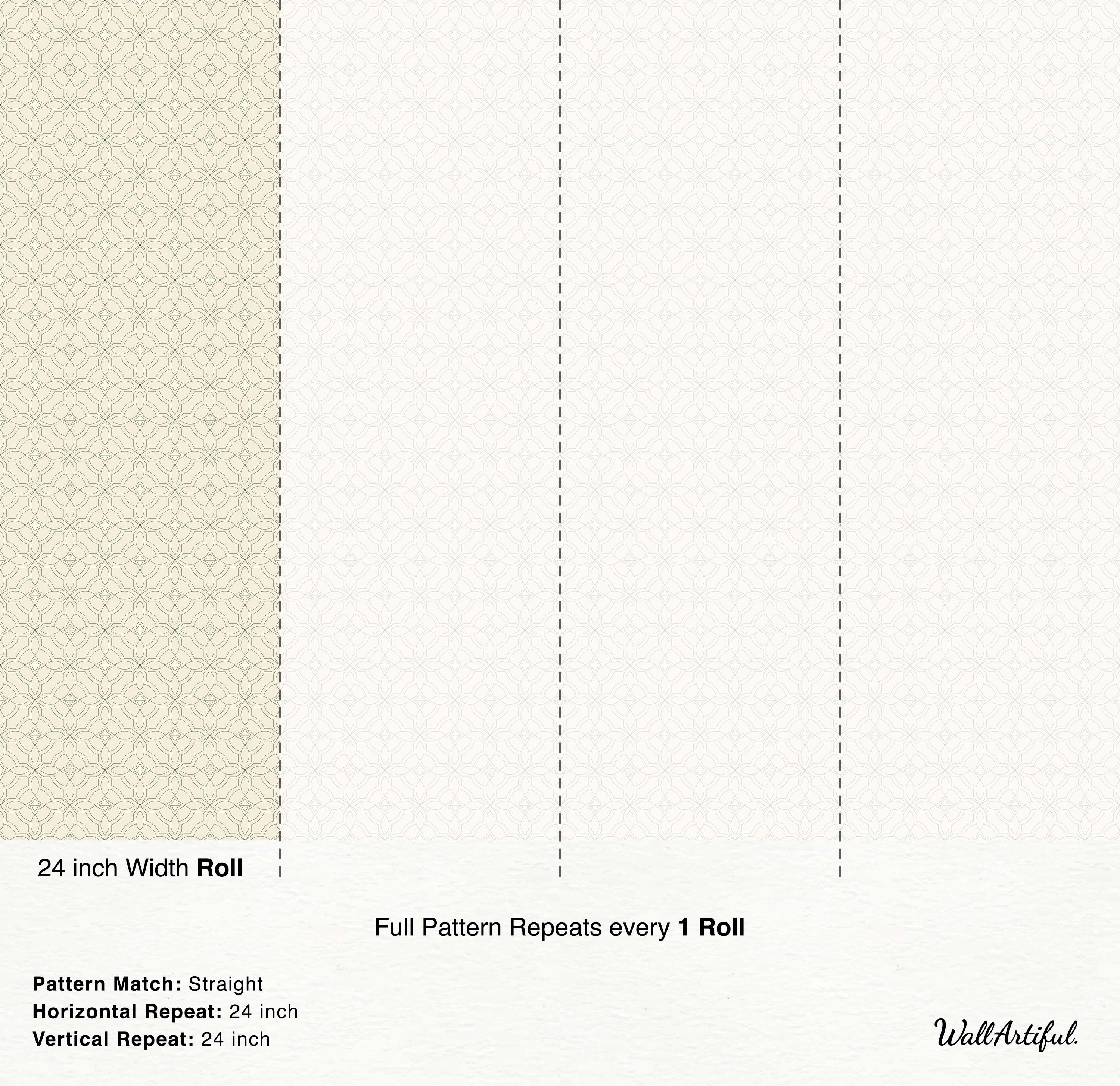 Geometric wallpaper with an interlocking lattice of pointed ovals in thin gray-green lines on a cream yellow background.