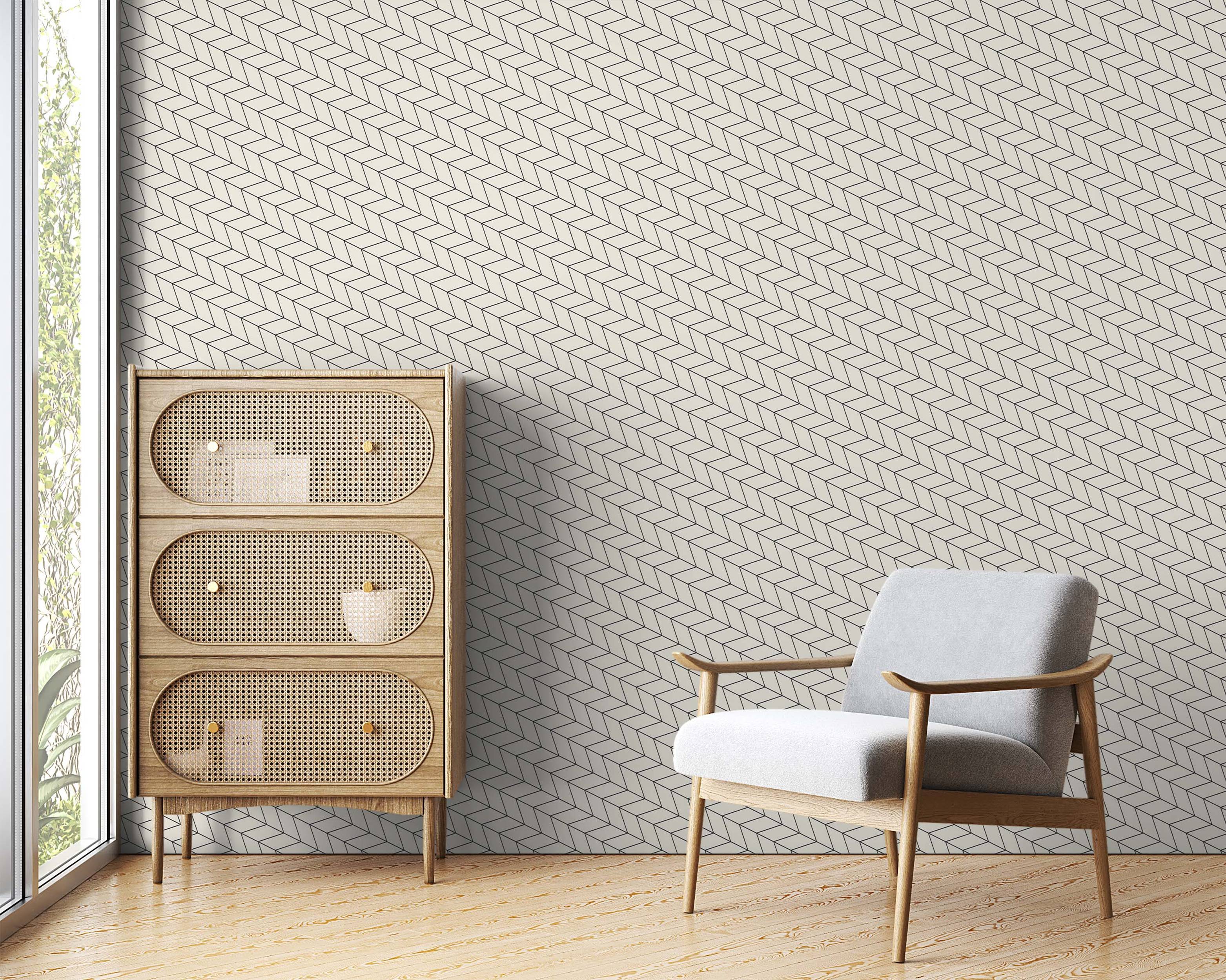 Geometric wallpaper featuring thin black line rhombuses forming a repeating herringbone pattern on a light beige background.