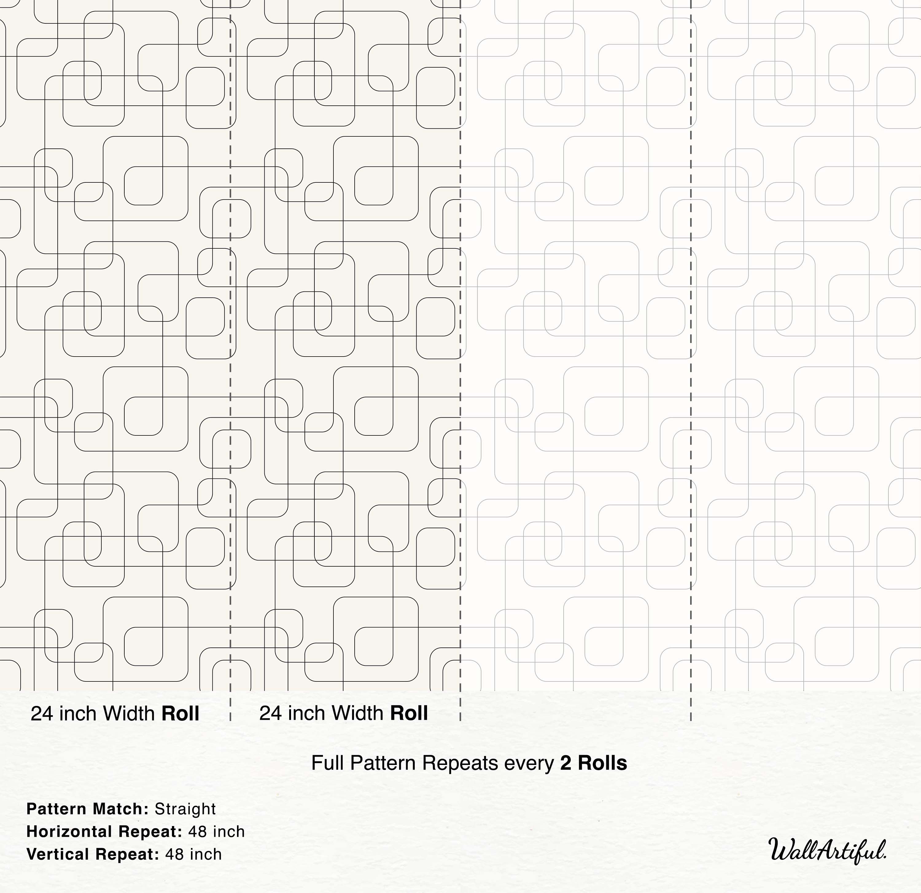Geometric wallpaper featuring interconnected black lines forming rounded rectangular shapes on a light beige background.