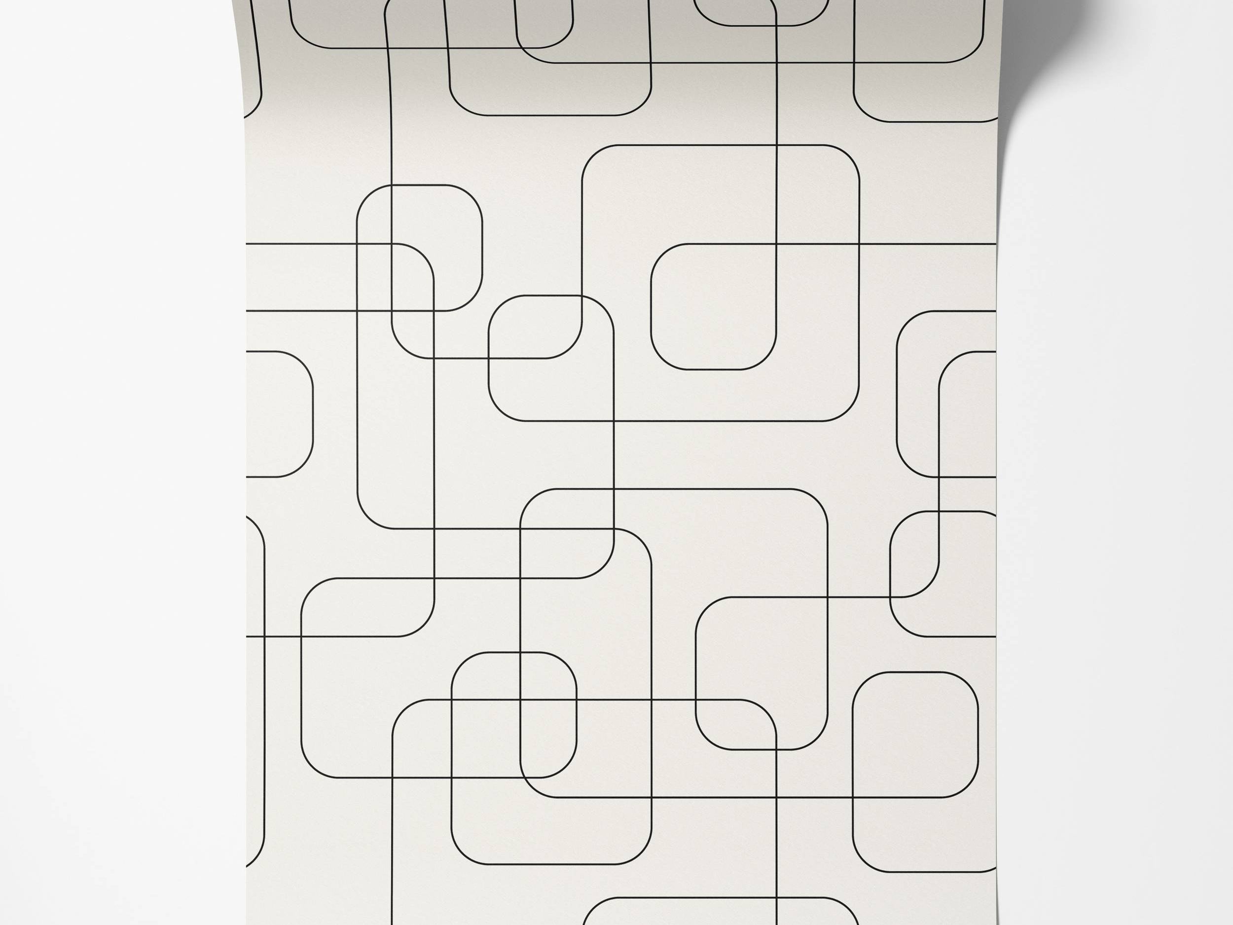 Geometric wallpaper featuring intersecting black lines forming rounded square and rectangular shapes on an off-white background.