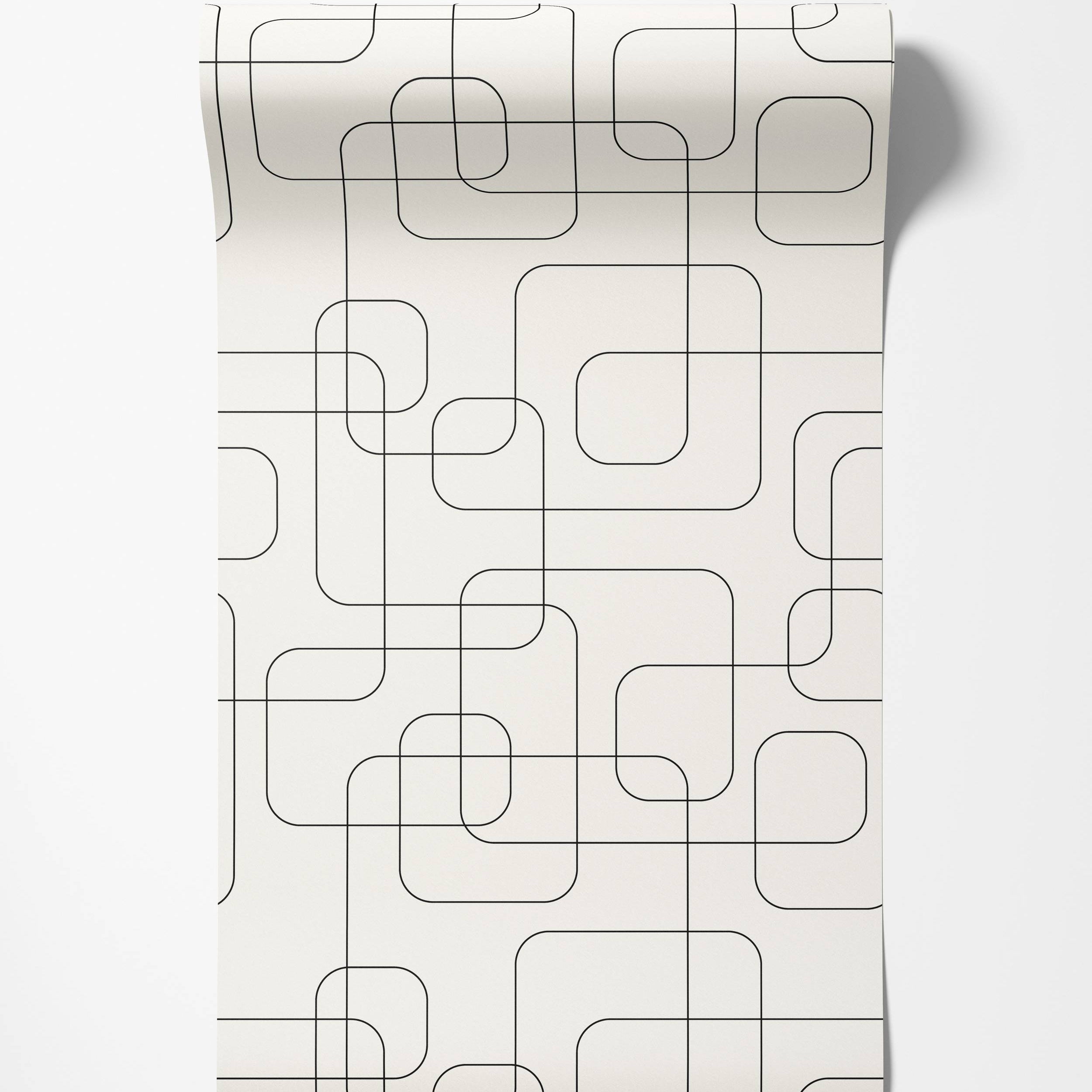 Geometric wallpaper featuring intersecting black lines forming rounded square and rectangular shapes on an off-white background.