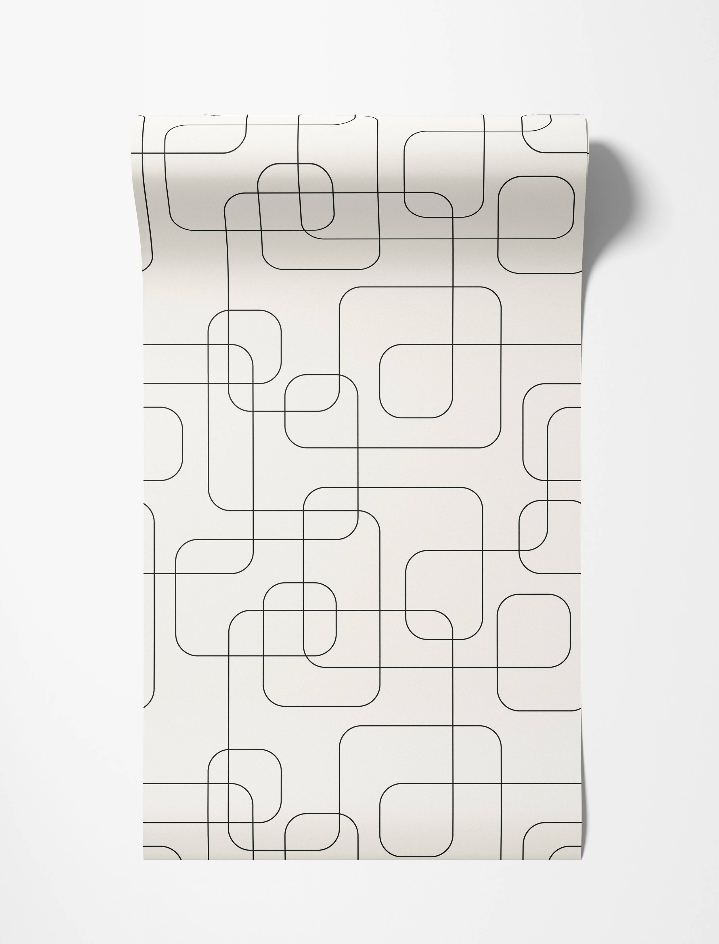 Geometric wallpaper featuring intersecting black lines forming rounded square and rectangular shapes on an off-white background.