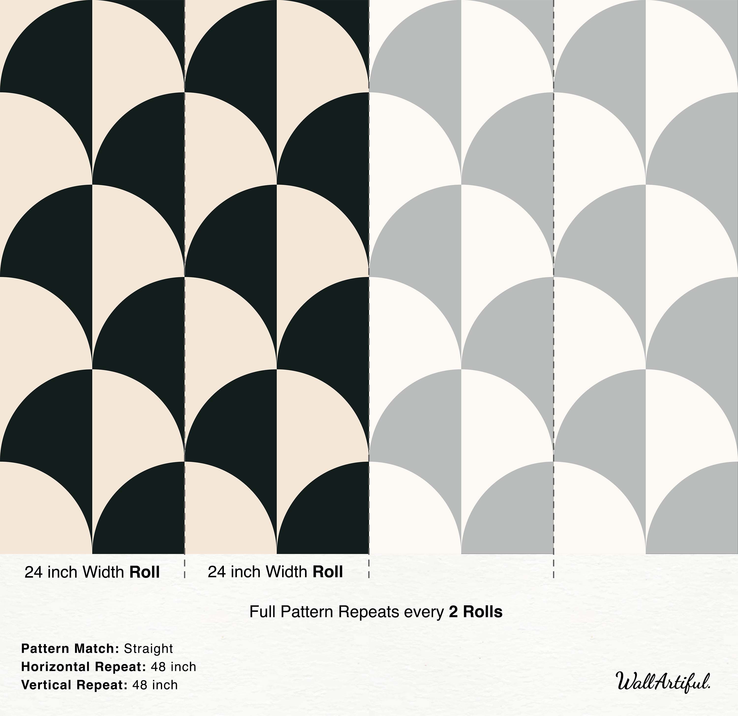 Geometric wallpaper with a repeating pattern of two-tone fan shapes in black and cream, arranged in offset rows.