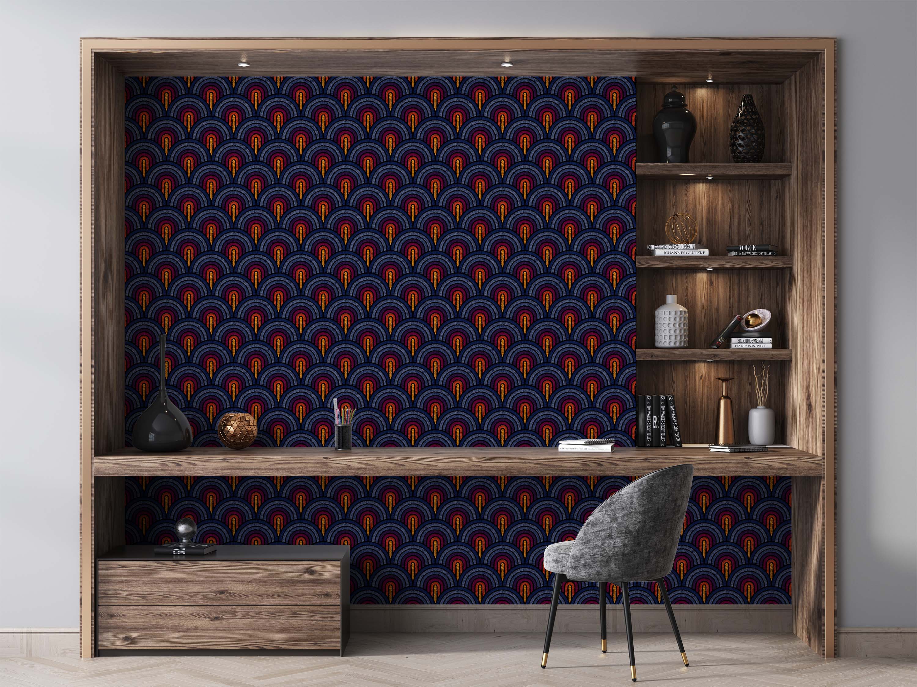 Geometric wallpaper with repeating embroidered scallop shapes in arcs of navy, light blue, maroon, red, and orange.