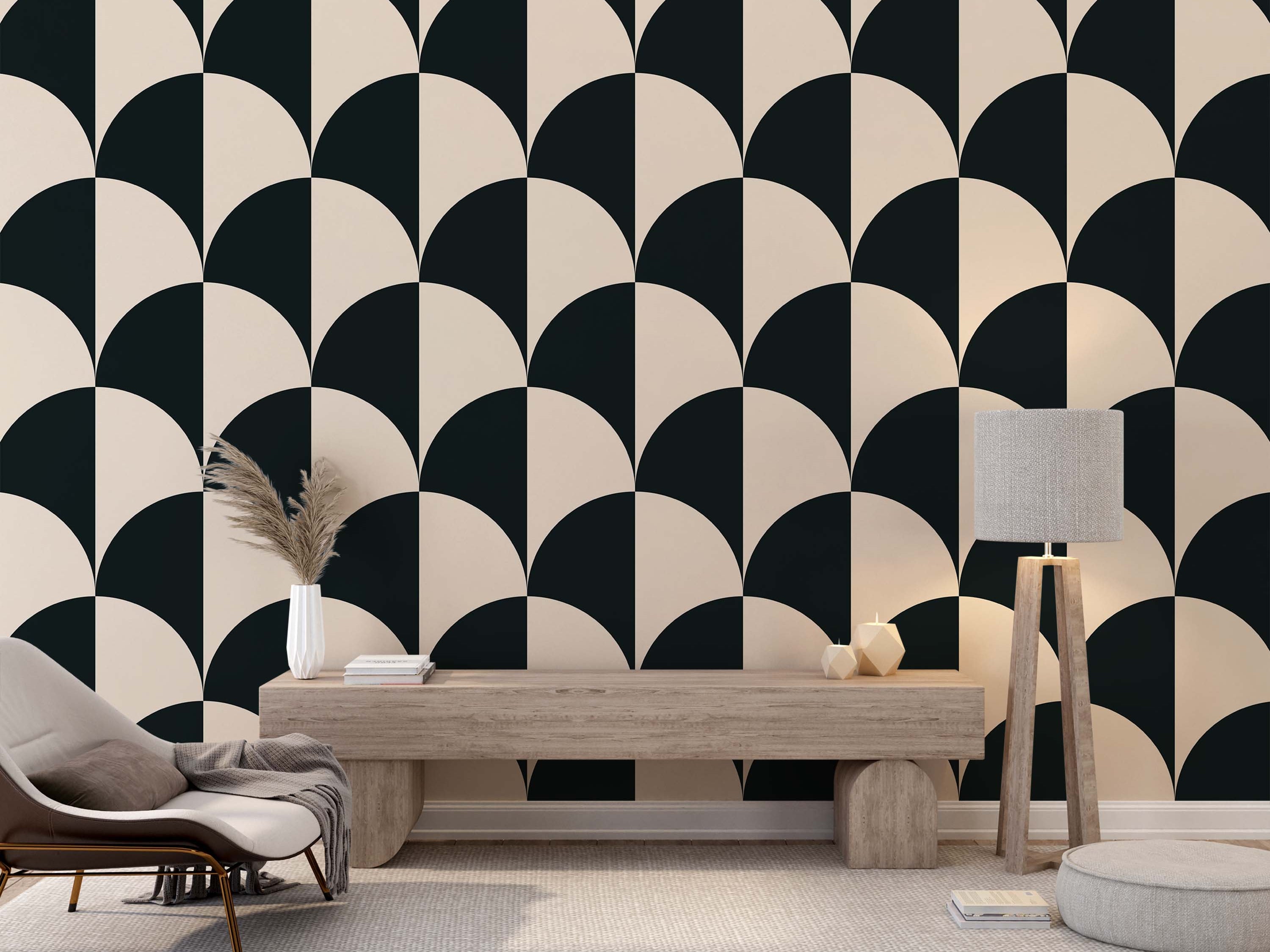 Repeating wallpaper pattern with alternating black and beige semi-circles creating a bold geometric design.