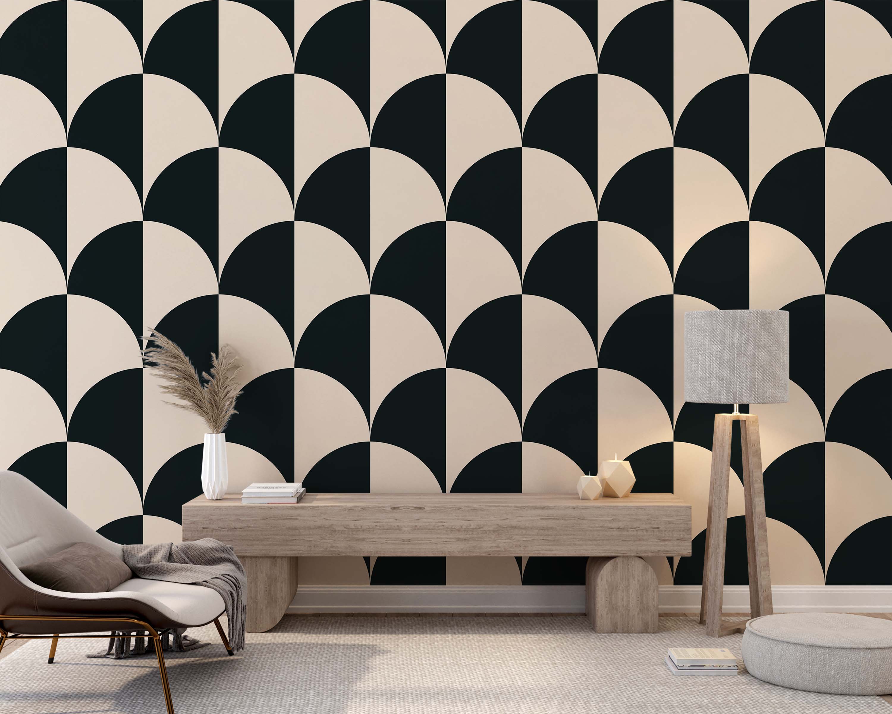Repeating wallpaper pattern with alternating black and beige semi-circles creating a bold geometric design.