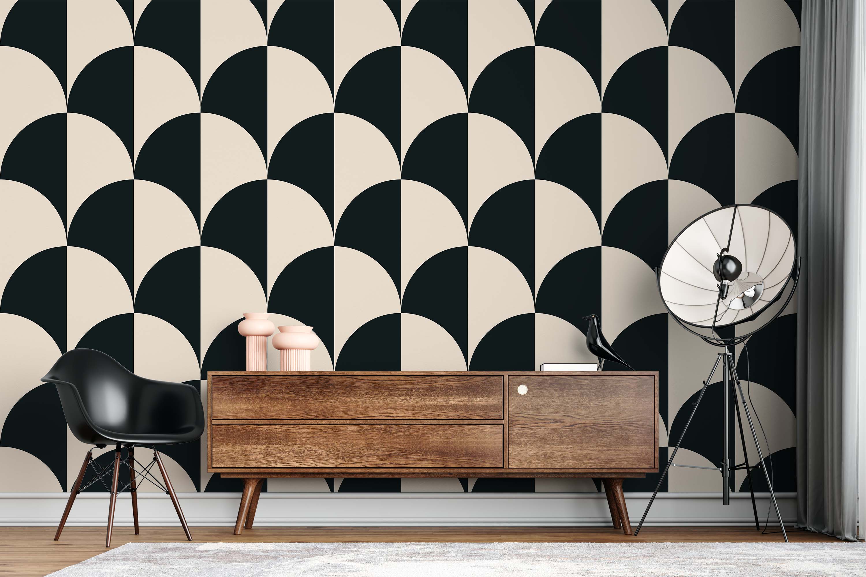 Wallpaper featuring a repeating geometric pattern of interlocking black and light beige semi-circles.