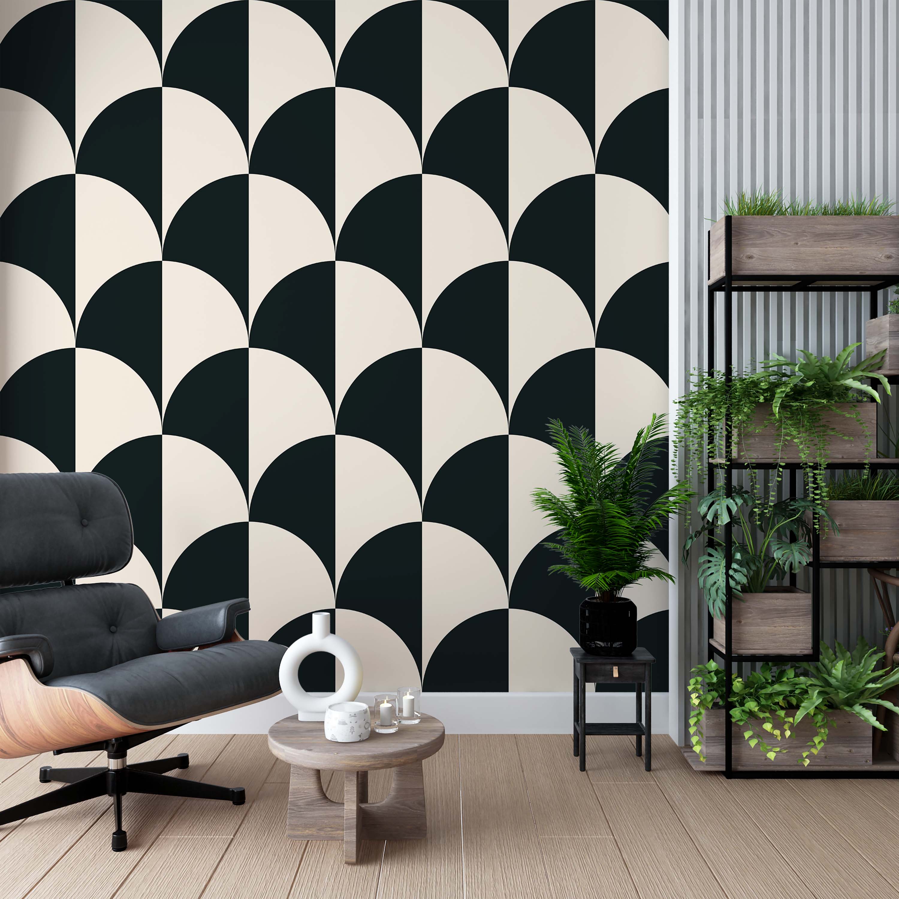 Geometric wallpaper with a repeating pattern of alternating black and cream semi-circles creating a scalloped effect.