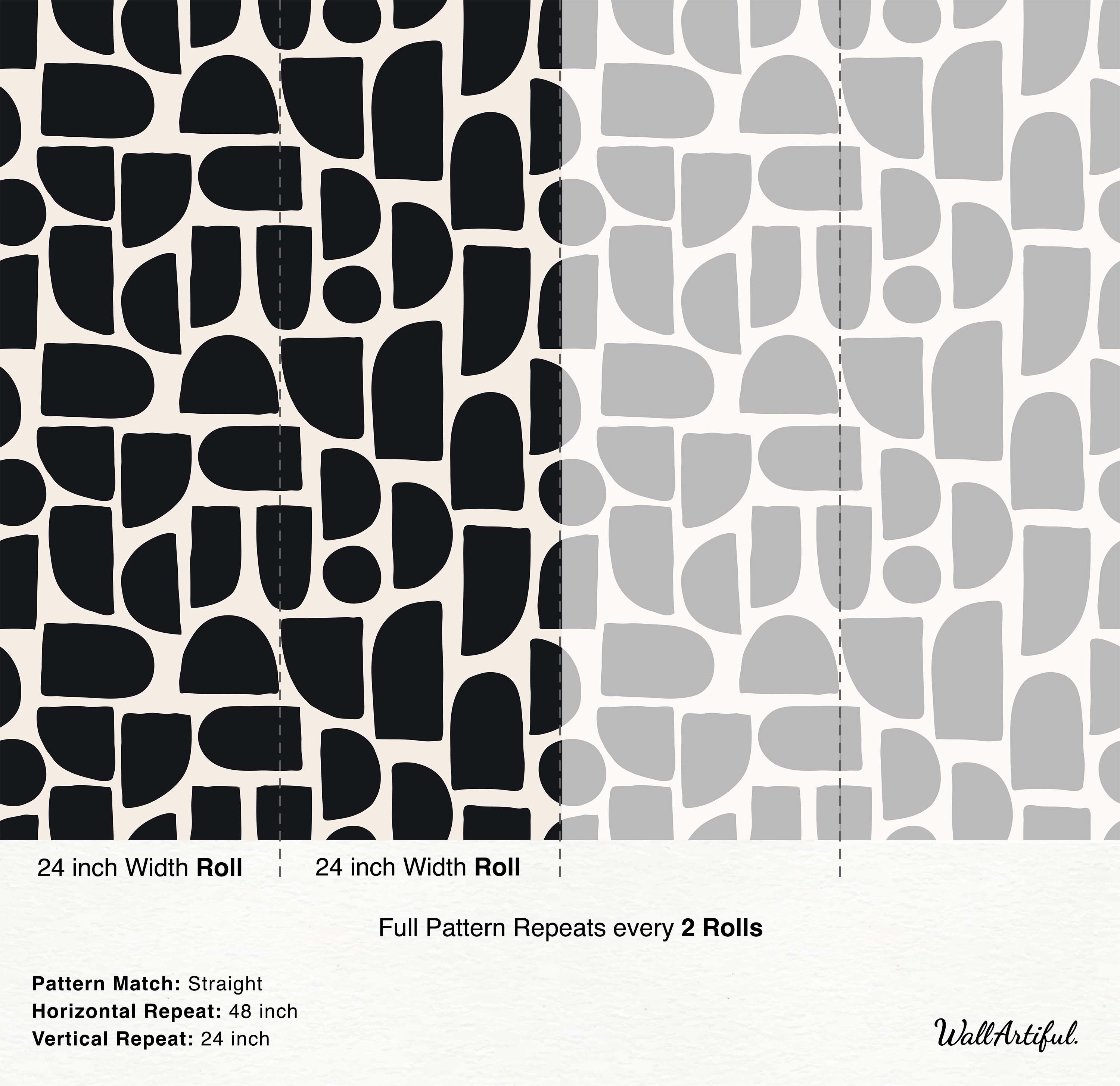 Abstract geometric wallpaper with irregular rounded black shapes scattered across a cream background.
