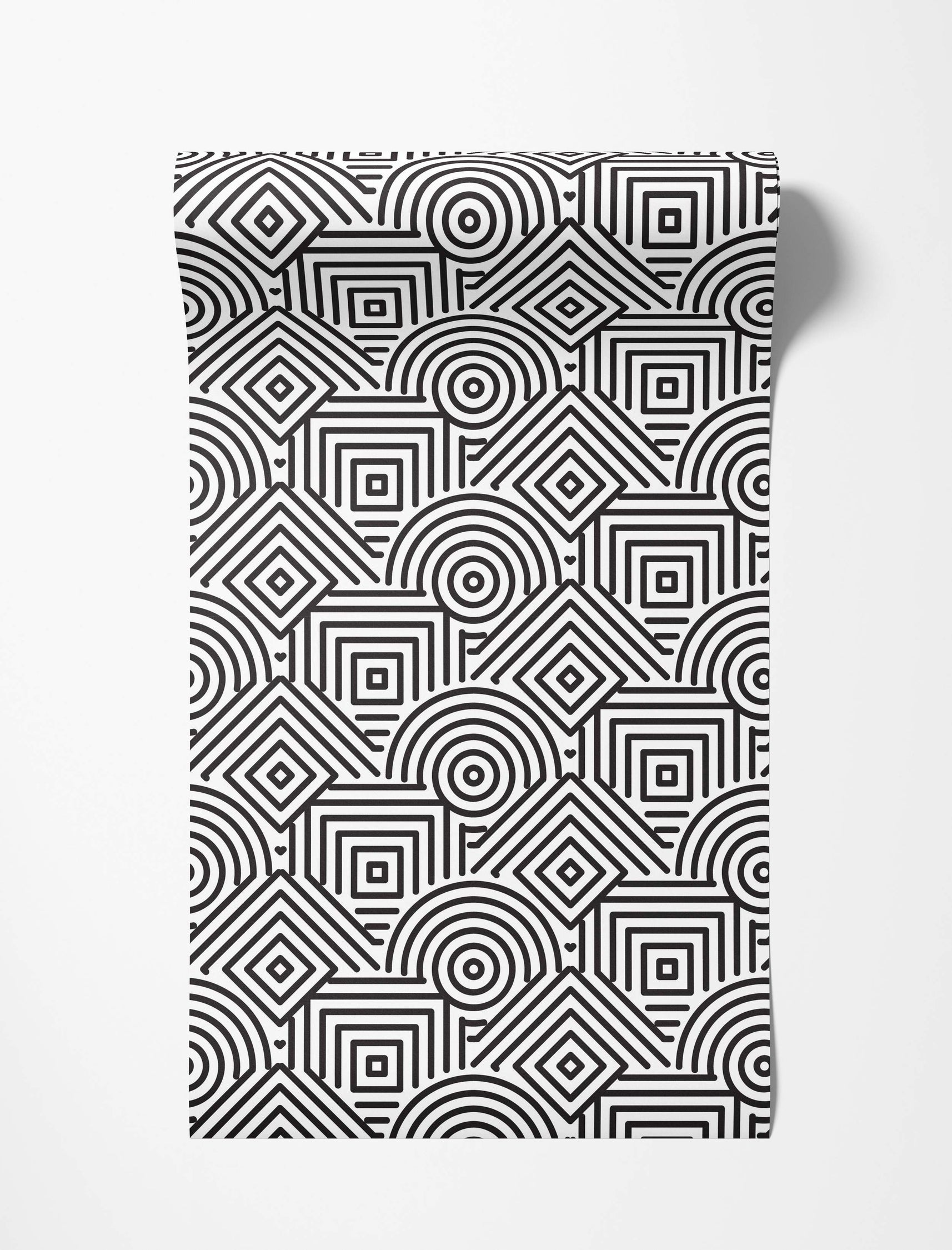 Abstract black and white wallpaper with a repeating geometric pattern of concentric squares, diamonds, and circle segments.