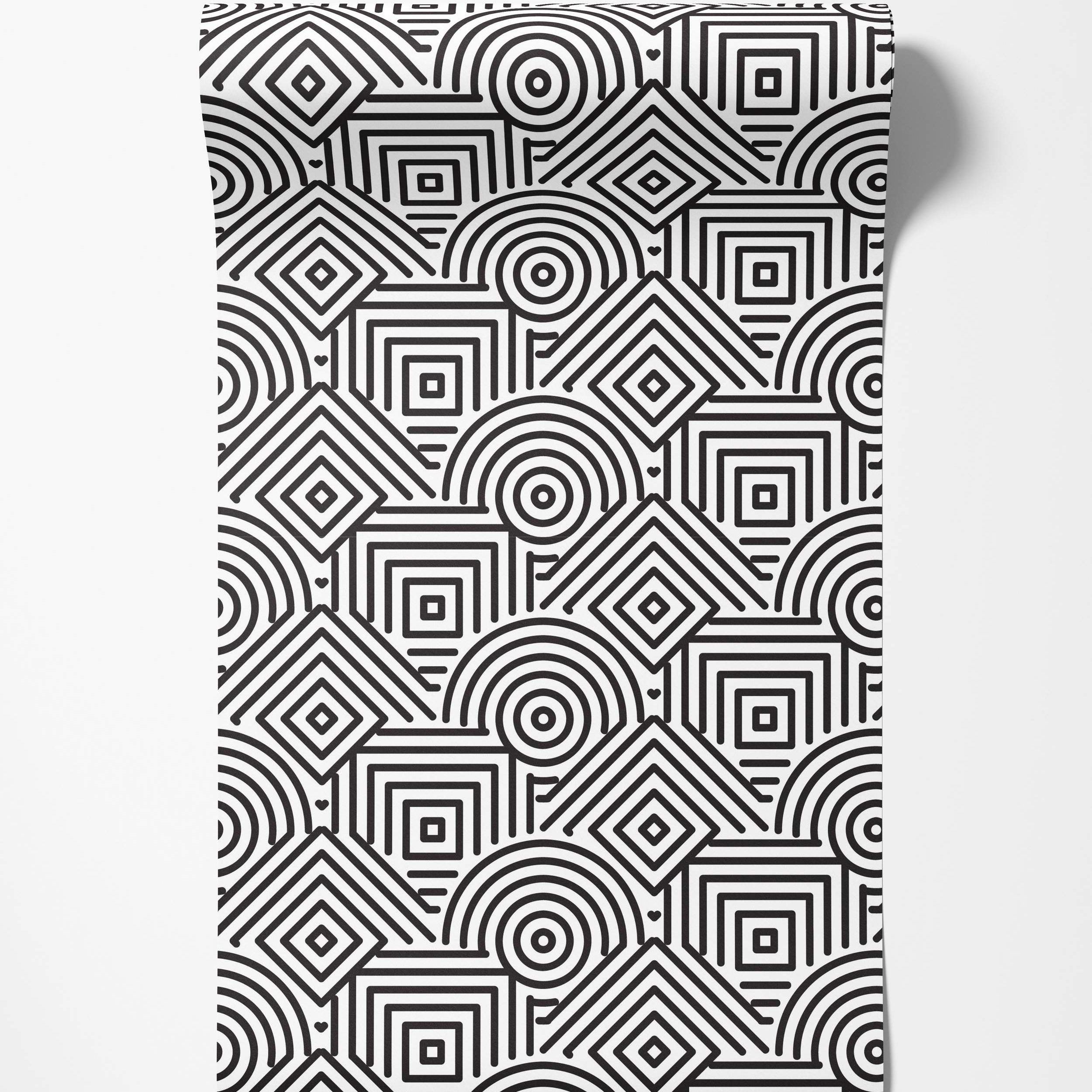 Abstract black and white wallpaper with a repeating geometric pattern of concentric squares, diamonds, and circle segments.