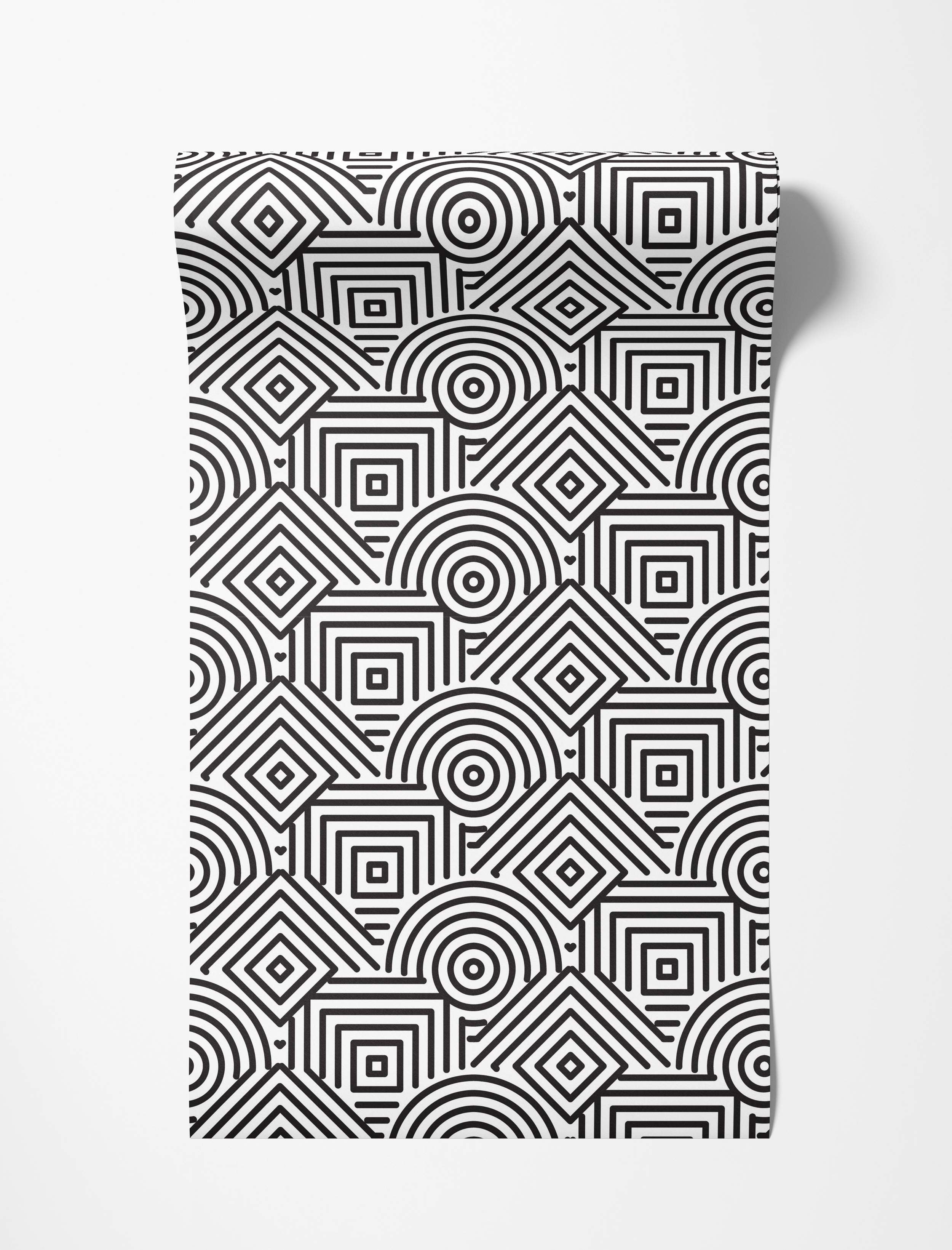 Abstract black and white wallpaper with a repeating geometric pattern of concentric squares, diamonds, and circle segments.