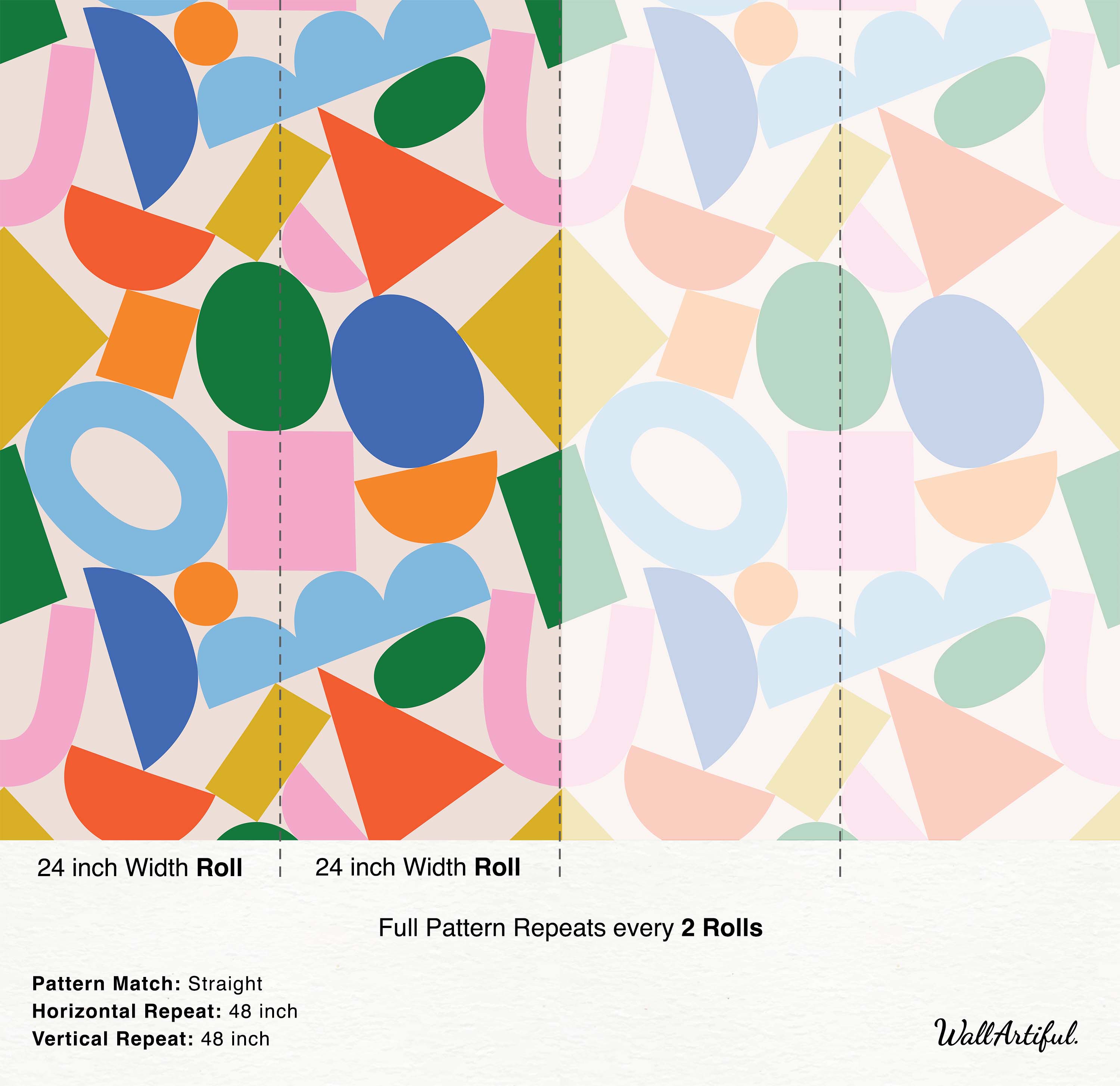 Abstract geometric wallpaper with ovals, triangles, and cloud shapes in bold and pastel green, blue, pink, yellow, and orange.