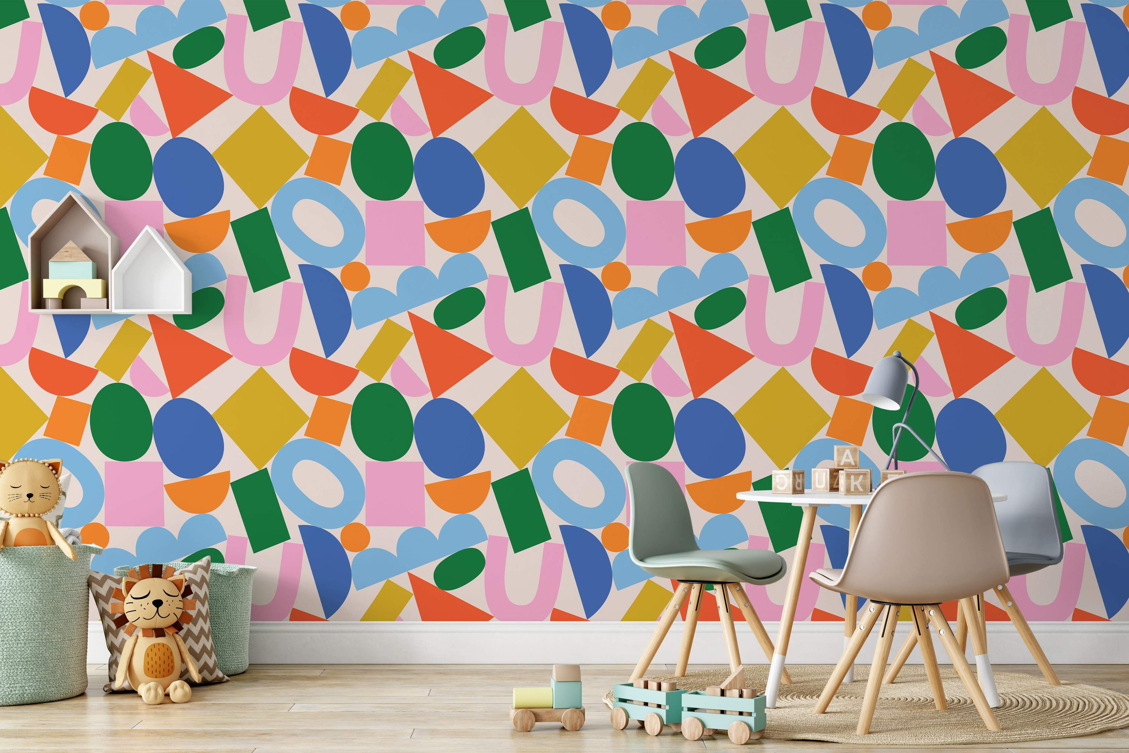 Abstract geometric wallpaper with colorful shapes like ovals, triangles, and U-shapes in blue, green, orange, yellow, and pink on beige.