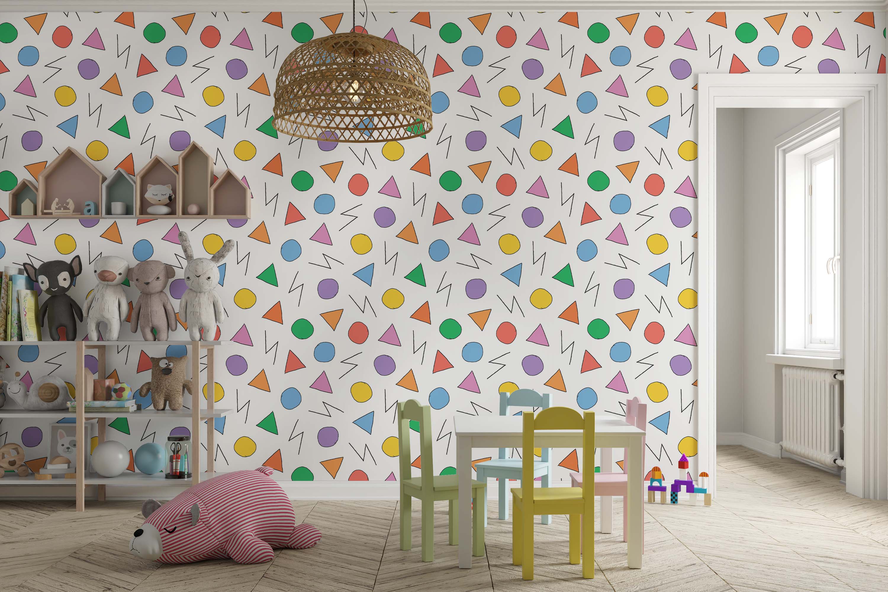 A playful wallpaper featuring hand-drawn colorful geometric shapes like triangles and circles with black zig-zag lines on a white background.