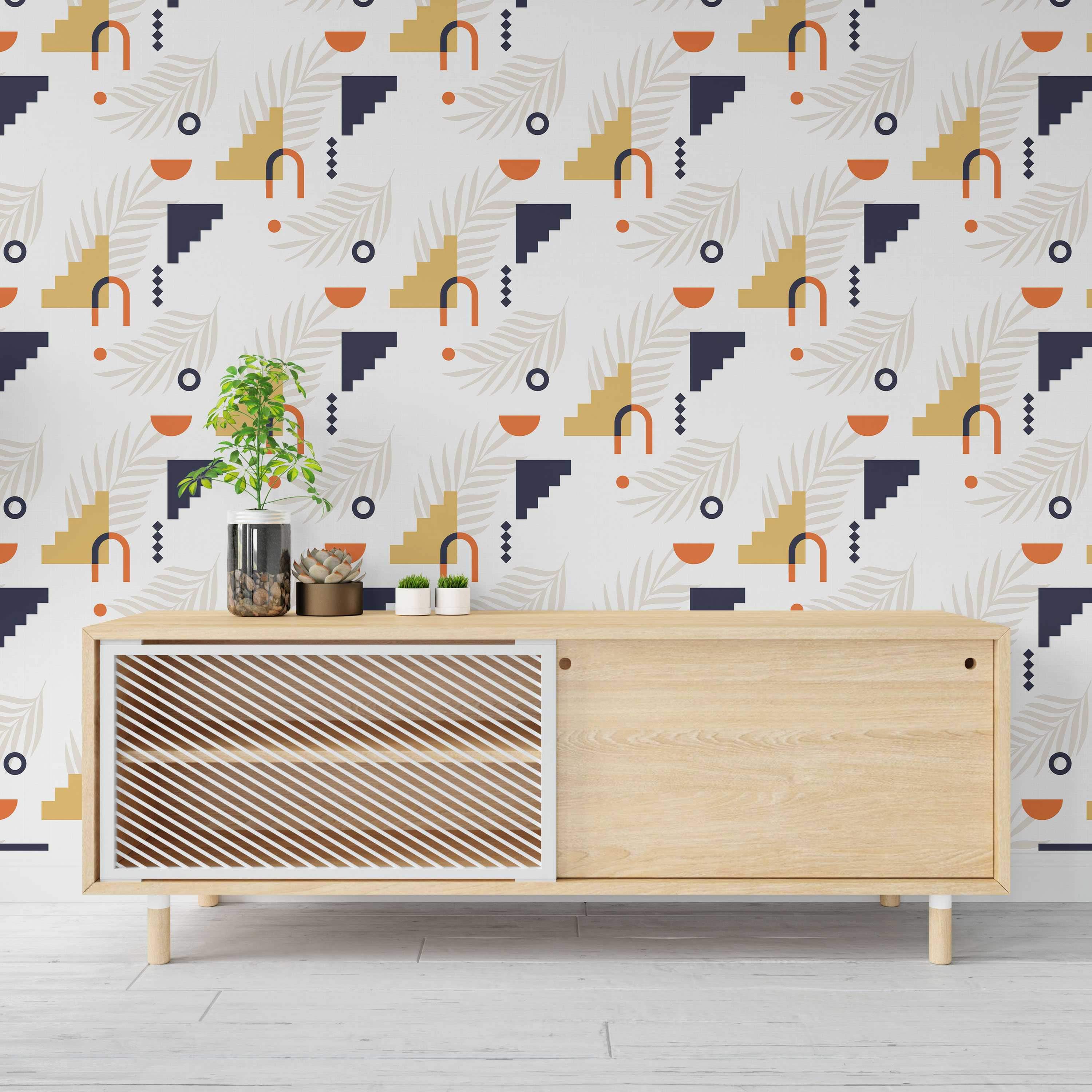 Abstract geometric wallpaper with yellow stairs, orange arches, navy steps, circles, and beige palm leaves on a light background.