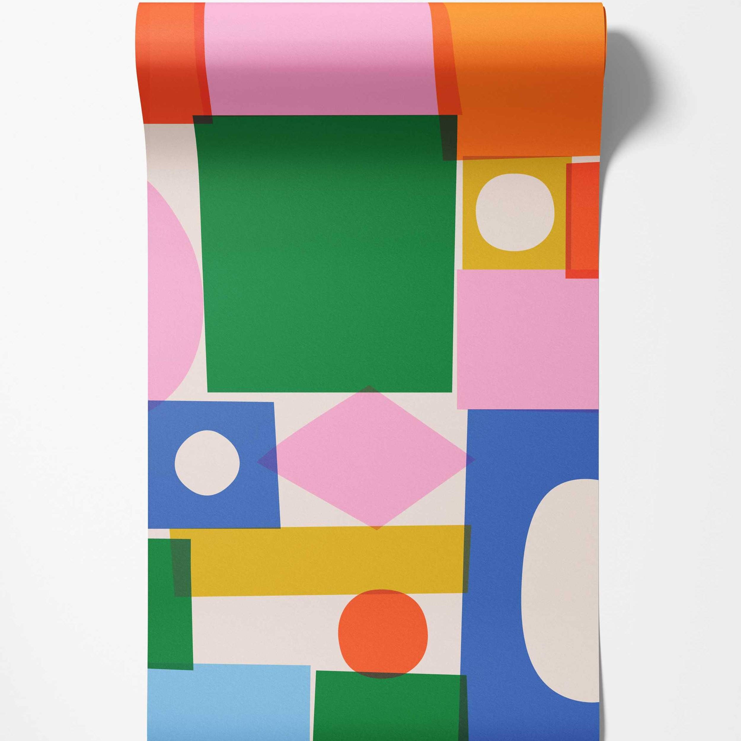 Abstract wallpaper with overlapping geometric shapes like squares, circles, and rectangles in pink, orange, green, yellow, and blue.