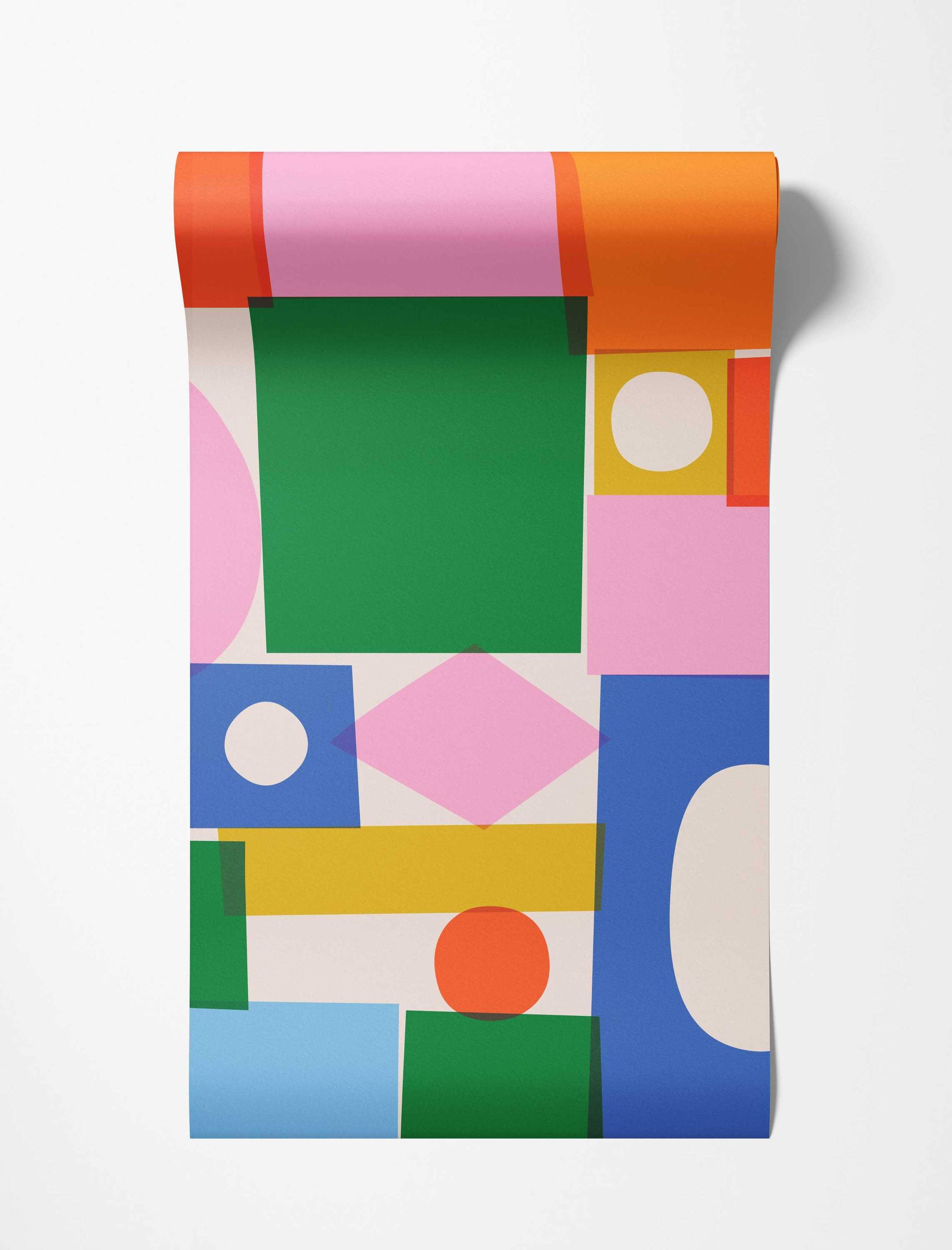Abstract wallpaper with overlapping geometric shapes like squares, circles, and rectangles in pink, orange, green, yellow, and blue.
